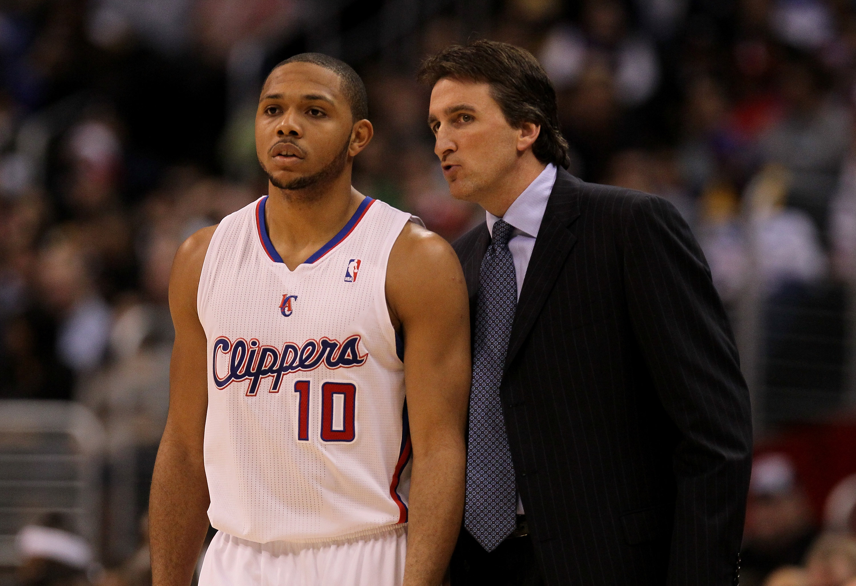 LOS ANGELES, CA - DECEMBER 8: Head coach Vinny Del Negro and Eric Gordon #109 of the Los Angeles Clippers talk during the game with the Los Angeles Lakers at Staples Center on December 8, 2010 in Los Angeles, California. The Lakers won 87-86.  NOTE TO USE