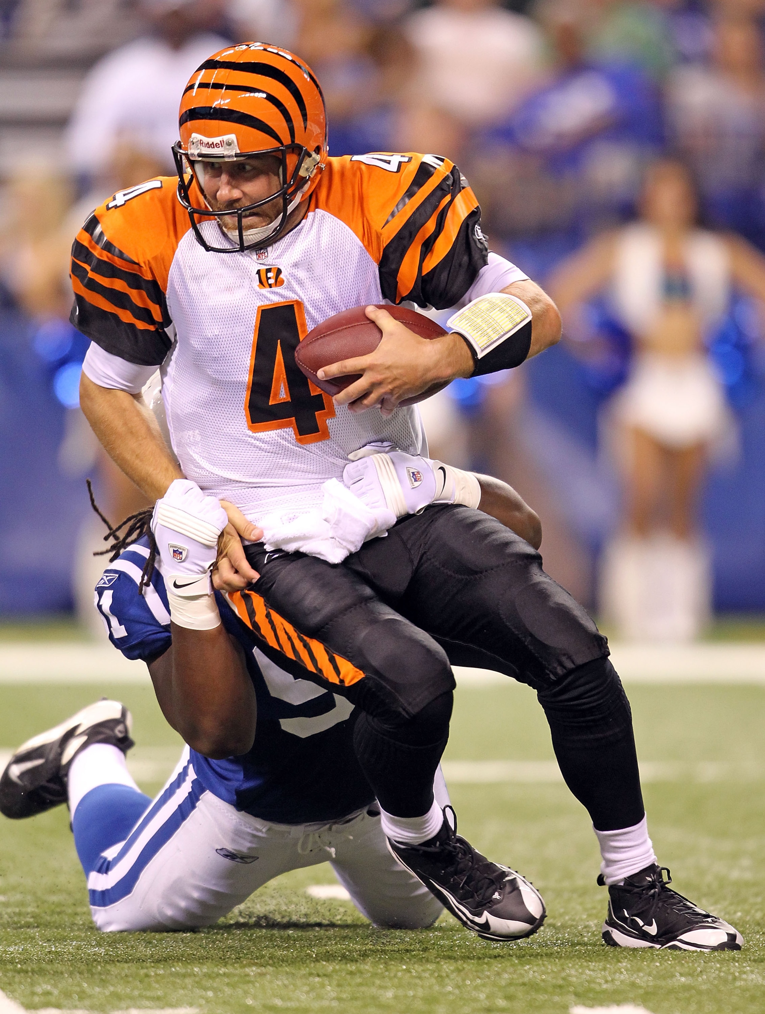 INDIANAPOLIS - SEPTEMBER 02: J.T. O'Sullivan #4 of the Cincinnati Bengals is sacked by Ricardo Mathews #91 of the Indianapolis Colts during the NFL preseason game at Lucas Oil Stadium on September 2, 2010 in Indianapolis, Indiana. (Photo by Andy Lyons/ INDIANAPOLIS - SEPTEMBER 02: J.T. O'Sullivan #4 of the Cincinnati Bengals is sacked by Ricardo Mathews #91 of the Indianapolis Colts during the NFL preseason game at Lucas Oil Stadium on September 2, 2010 in Indianapolis, Indiana. (Photo by Andy Lyons/