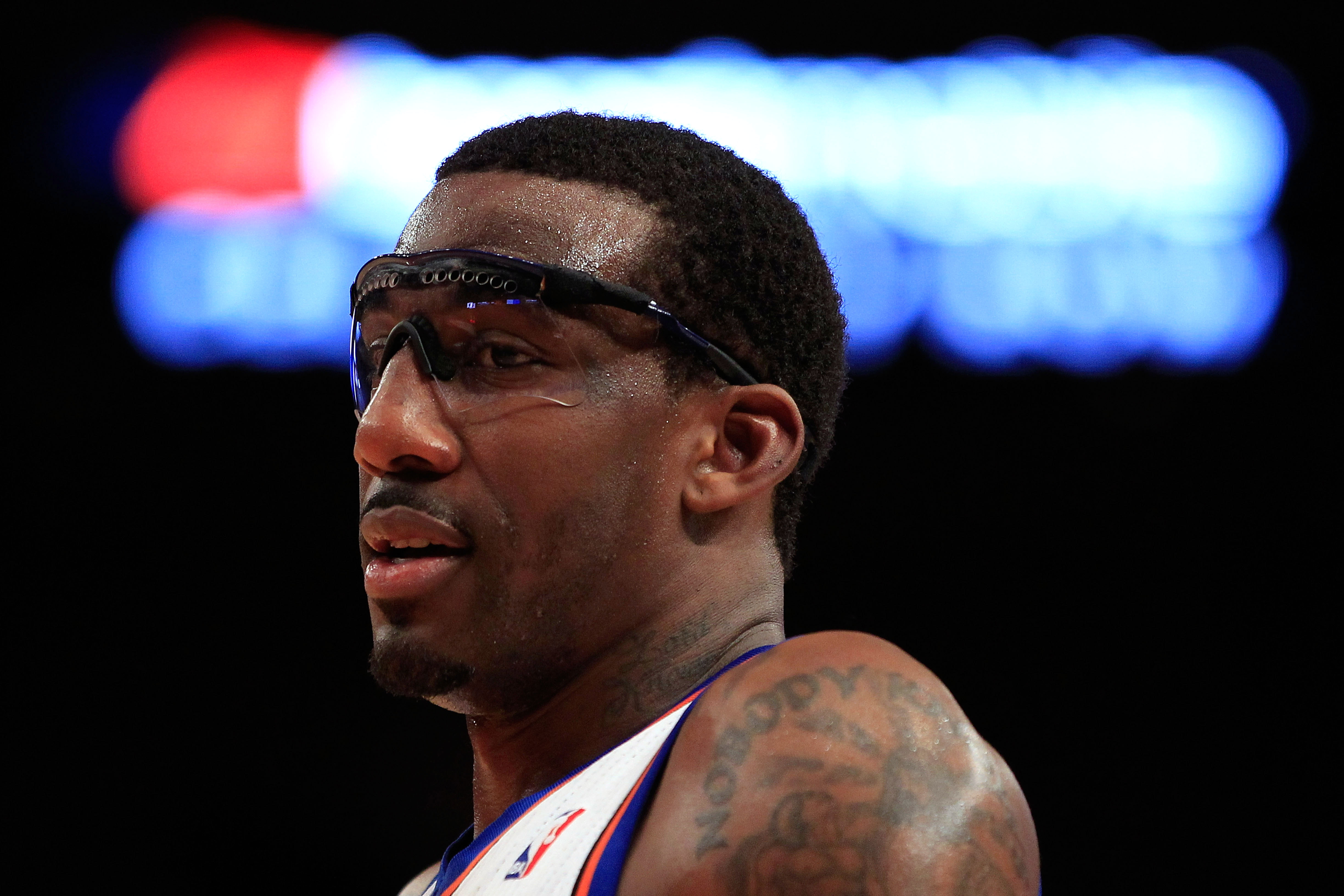 NEW YORK, NY - JANUARY 14:  Amar'e Stoudemire#1 of the New York Knicks looks on on the court during the game against the Sacramento Kings at Madison Square Garden on January 14, 2011 in New York City. NOTE TO USER: User expressly acknowledges and agrees t