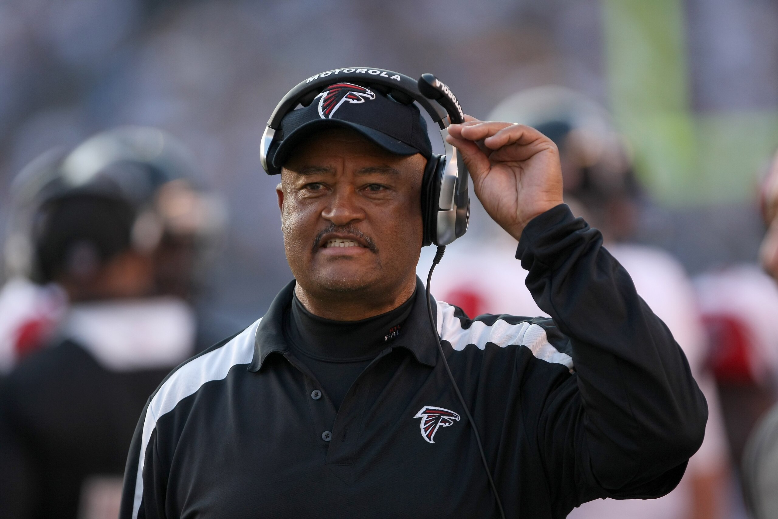 SAN DIEGO - NOVEMBER 30: Wide receivers coach Terry Robiskie of the Atlanta Falcons works on the sideline in the game with the San Diego Chargers on November 30, 2008 at Qualcomm Stadium in San Diego, California.  The Falcons won 22-16.  (Photo by Stephen