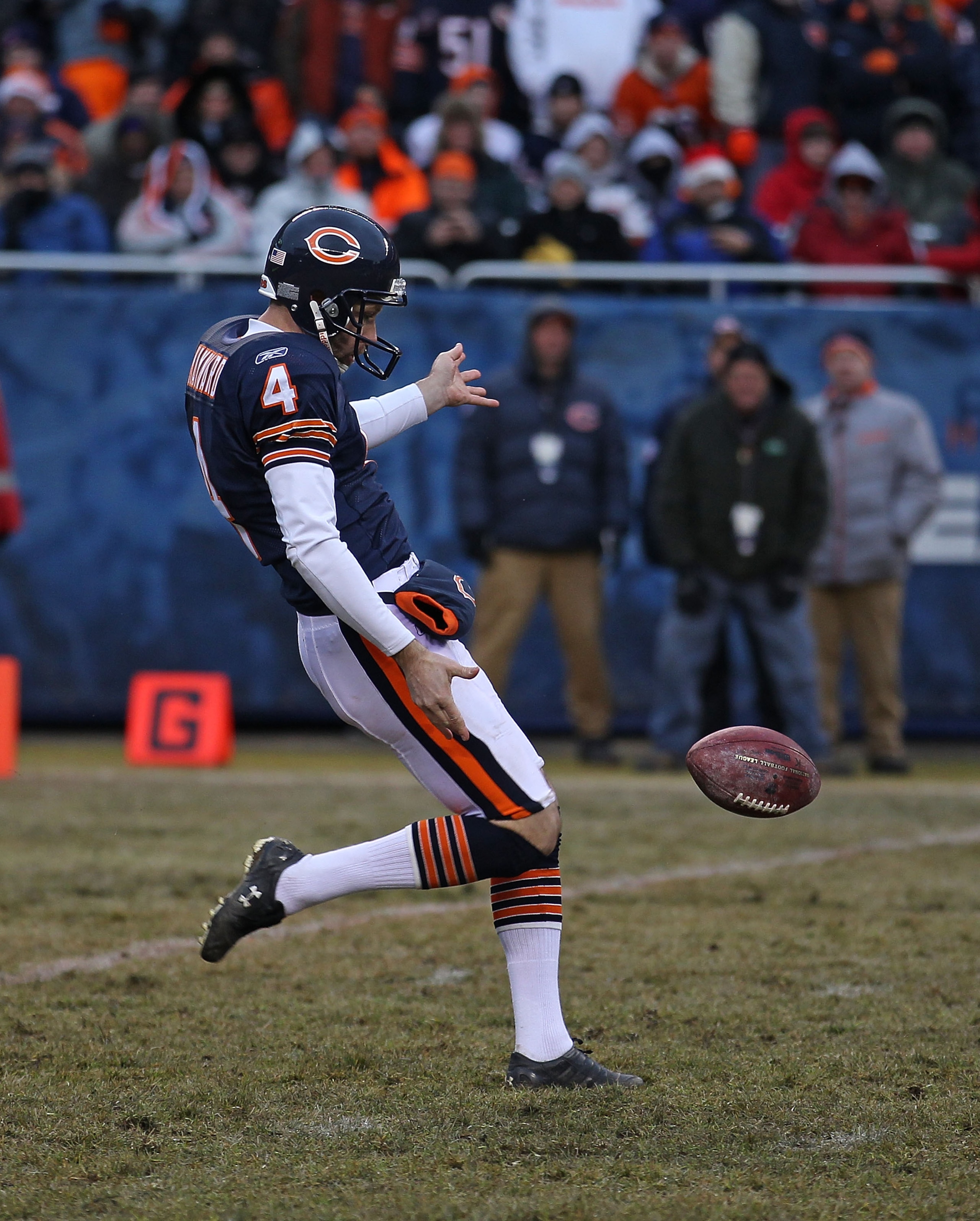 CHICAGO, IL - DECEMBER 26: Brad Maynard #4 of the Chicago Bears punts the ball against the New York Jets at Soldier Field on December 26, 2010 in Chicago, Illinois. The Bears defeated the Jets 38-34. (Photo by Jonathan Daniel/Getty Images)
