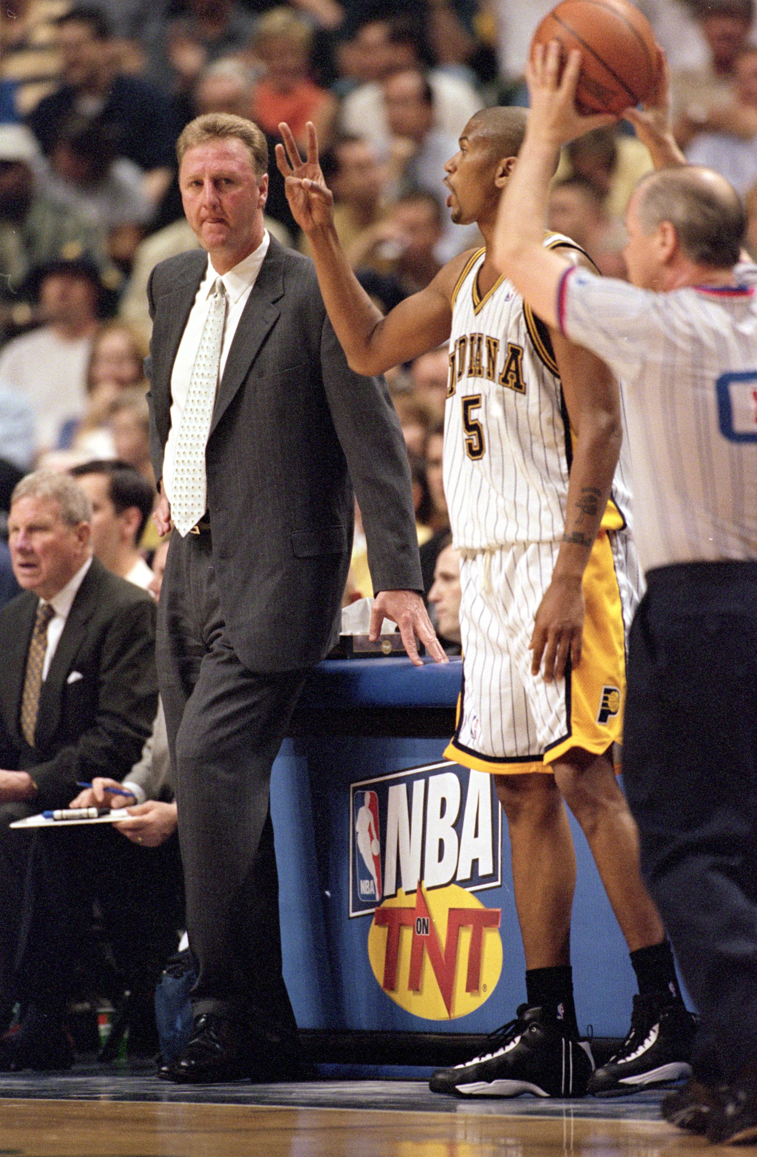 4 May 2000:  Coach Larry Bird of the Indiana Pacers looks on during the NBA Eastern Conference Playoffs Round One Game against the Milwaukee Bucks at the Conseco Field House in Indianapolis, Indiana. The Pacers defeated the Bucks 96-95.  NOTE TO USER: It