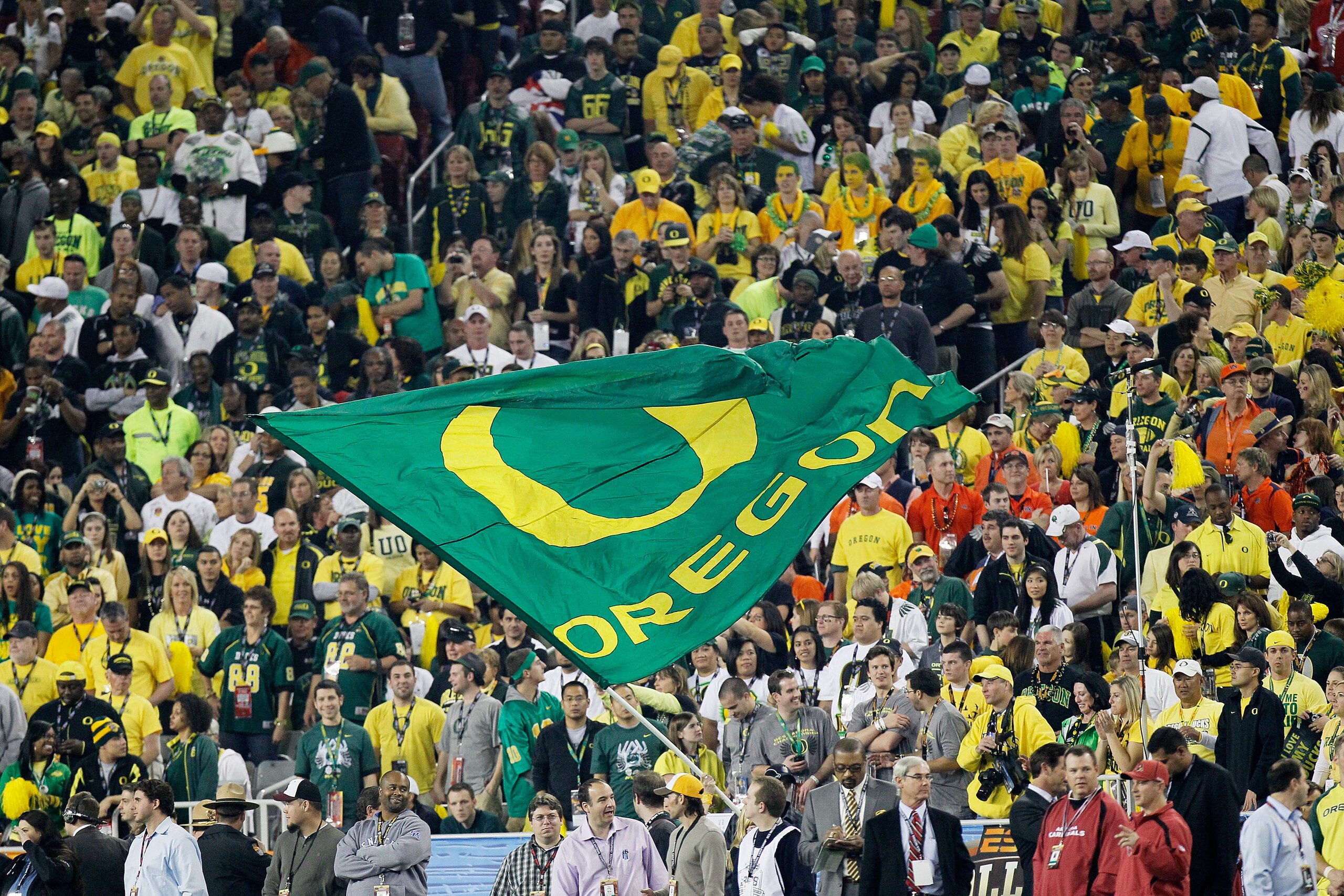 GLENDALE, AZ - JANUARY 10:  An Oregon Ducks flag is displayed at the Tostitos BCS National Championship Game against the Auburn Tigers at University of Phoenix Stadium on January 10, 2011 in Glendale, Arizona.  (Photo by Kevin C. Cox/Getty Images)