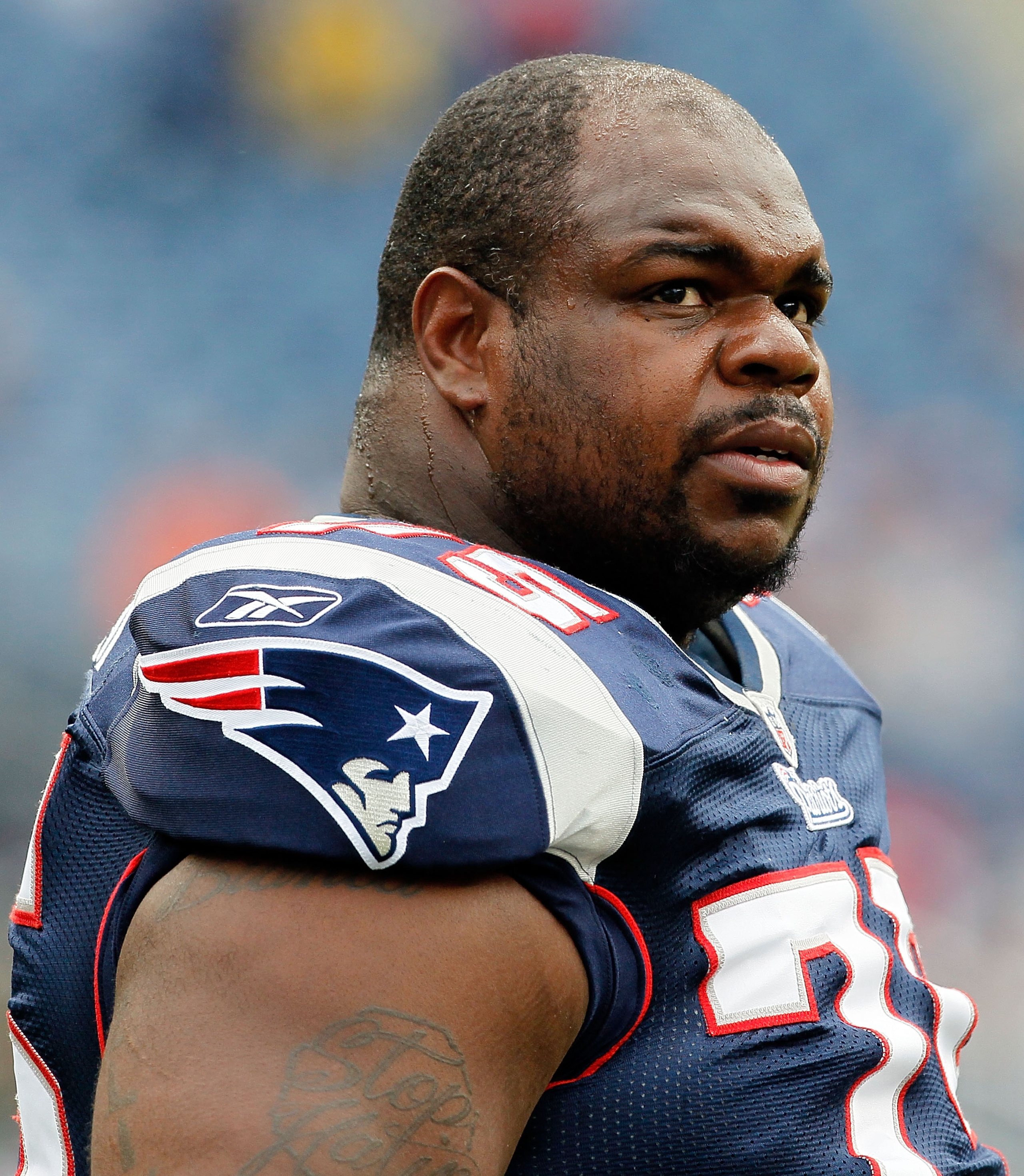 FOXBORO, MA - SEPTEMBER 26:  Vince Wilfork #75 of the New England Patriots looks on during drills before a against the Buffalo Bills at Gillette Stadium on September 26, 2010 in Foxboro, Massachusetts. (Photo by Jim Rogash/Getty Images)