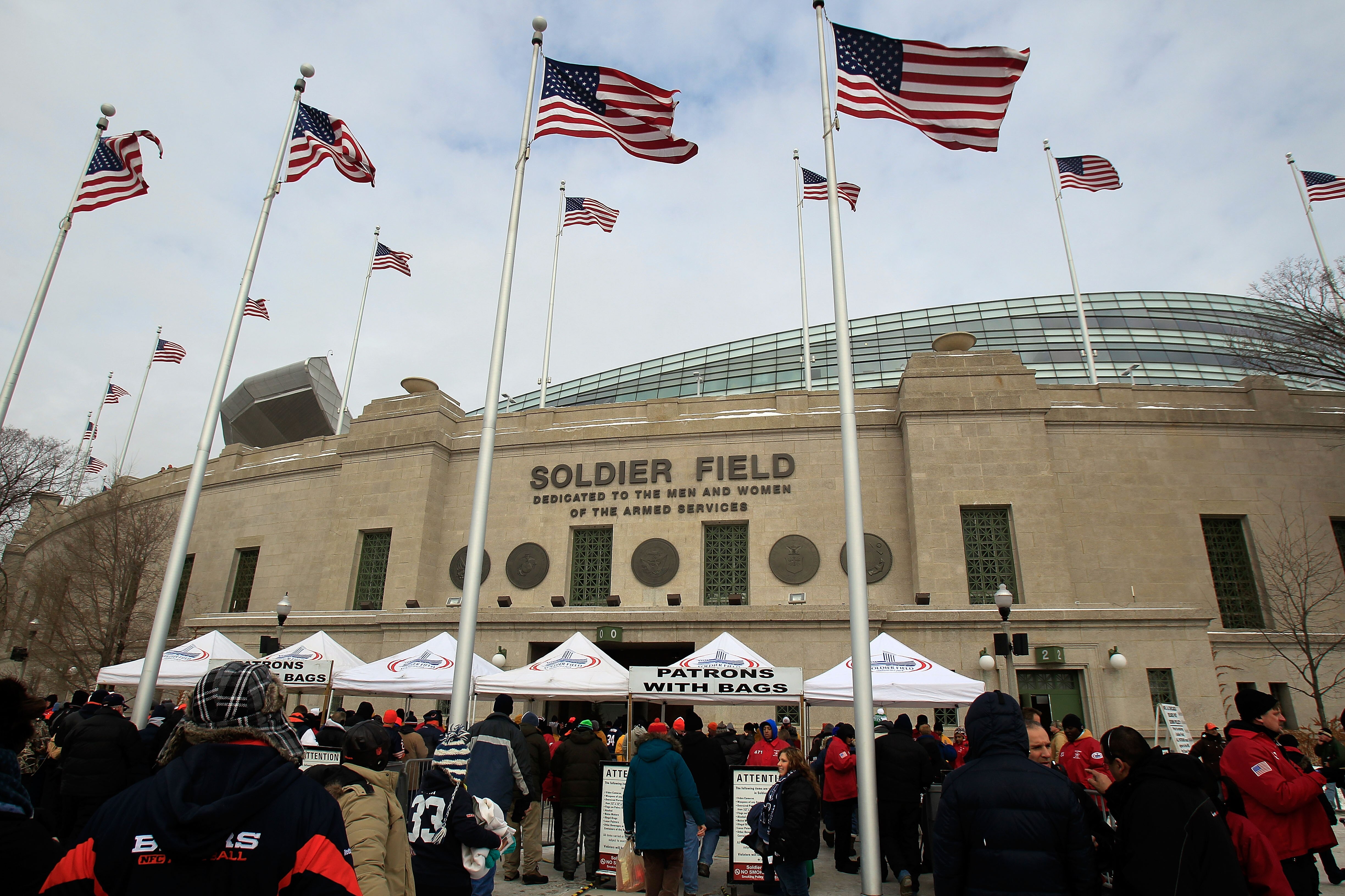 CHICAGO, IL - JANUARY 16:  A general view of the exterior of Soldier Field before the 2011 NFC divisional playoff game between the Chicago Bears and the Seattle Seahawks on January 16, 2011 in Chicago, Illinois.  (Photo by Jonathan Daniel/Getty Images)