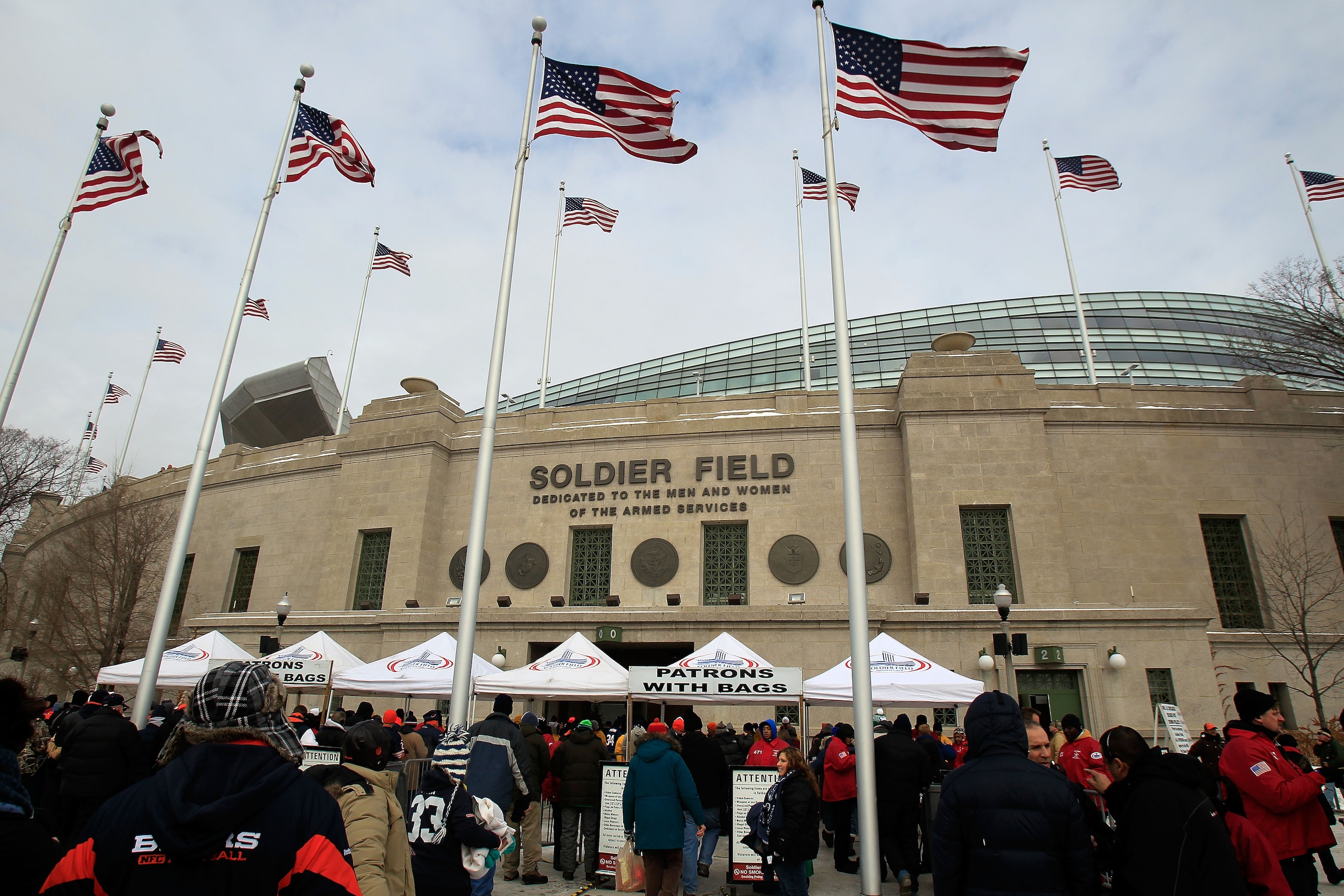 CHICAGO, IL - JANUARY 16: A general view of the exterior of Soldier Field before the 2011 NFC divisional playoff game between the Chicago Bears and the Seattle Seahawks on January 16, 2011 in Chicago, Illinois. (Photo by Jonathan Daniel/Getty Images) CHICAGO, IL - JANUARY 16: A general view of the exterior of Soldier Field before the 2011 NFC divisional playoff game between the Chicago Bears and the Seattle Seahawks on January 16, 2011 in Chicago, Illinois. (Photo by Jonathan Daniel/Getty Images)