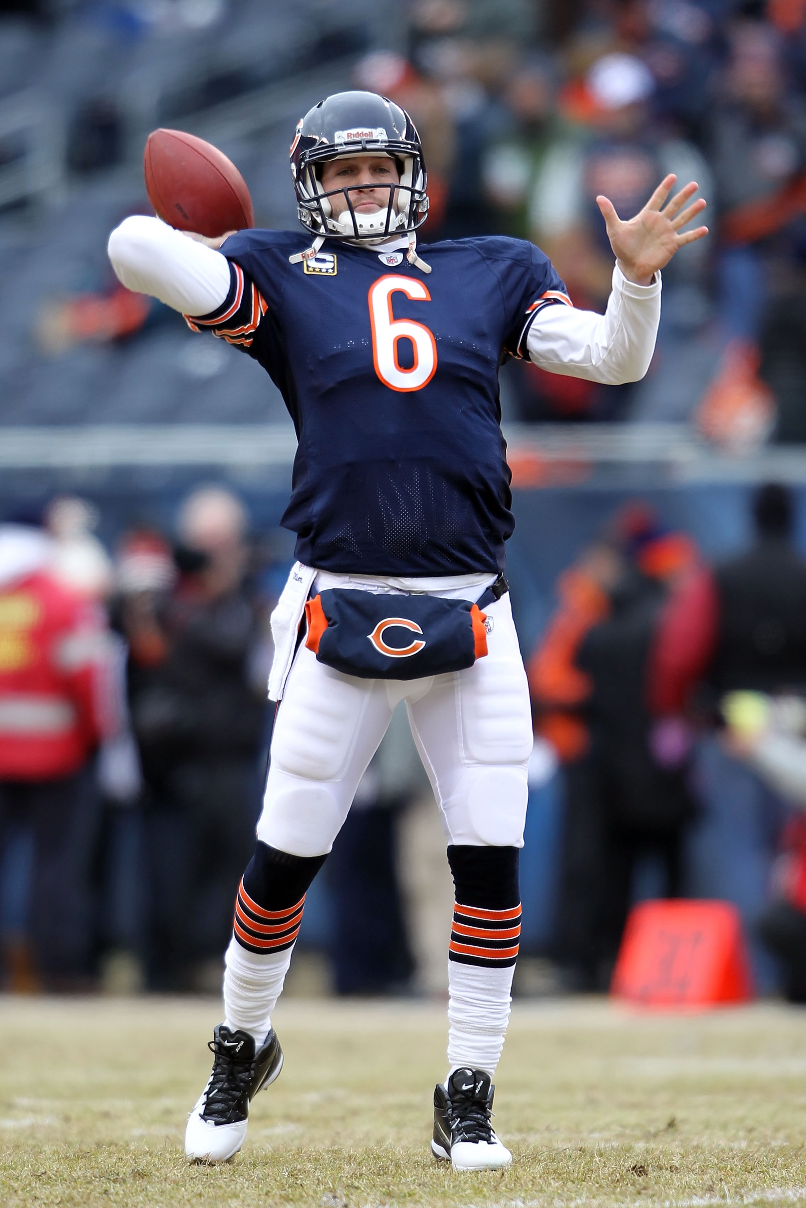 CHICAGO, IL - JANUARY 16: Quarterback Jay Cutler #6 of the Chicago Bears throws the ball during pregame before the Bears take on the Seattle Seahawks in the 2011 NFC divisional playoff game at Soldier Field on January 16, 2011 in Chicago, Illinois. (Pho CHICAGO, IL - JANUARY 16: Quarterback Jay Cutler #6 of the Chicago Bears throws the ball during pregame before the Bears take on the Seattle Seahawks in the 2011 NFC divisional playoff game at Soldier Field on January 16, 2011 in Chicago, Illinois. (Pho