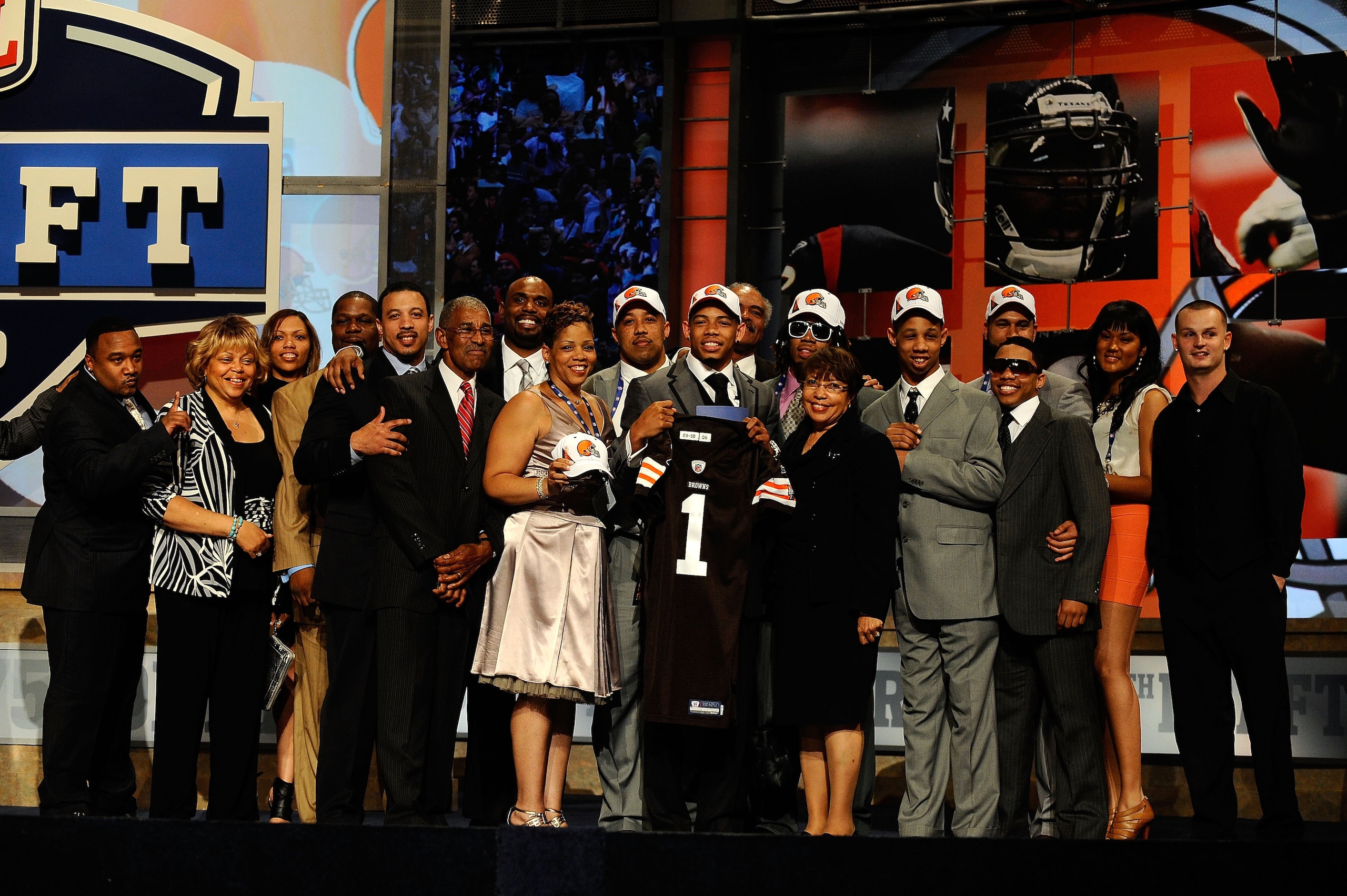 NEW YORK - APRIL 22:  Joe Haden from the Florida Gators holds up a Cleveland Browns jerseyas he poses with family and friends after he was selected #7 overall by the Browns during the first round of the 2010 NFL Draft at Radio City Music Hall on April 22,