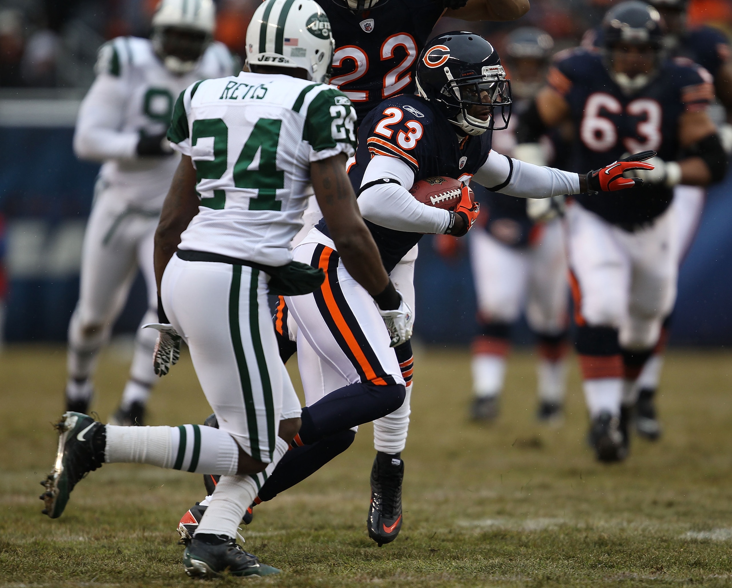 CHICAGO, IL - DECEMBER 26: Devin Hester #23 of the Chicago Bears runs as Darrelle Revis #24 of the New York Jets pursues at Soldier Field on December 26, 2010 in Chicago, Illinois. The Bears defeated the Jets 38-34. (Photo by Jonathan Daniel/Getty Images)
