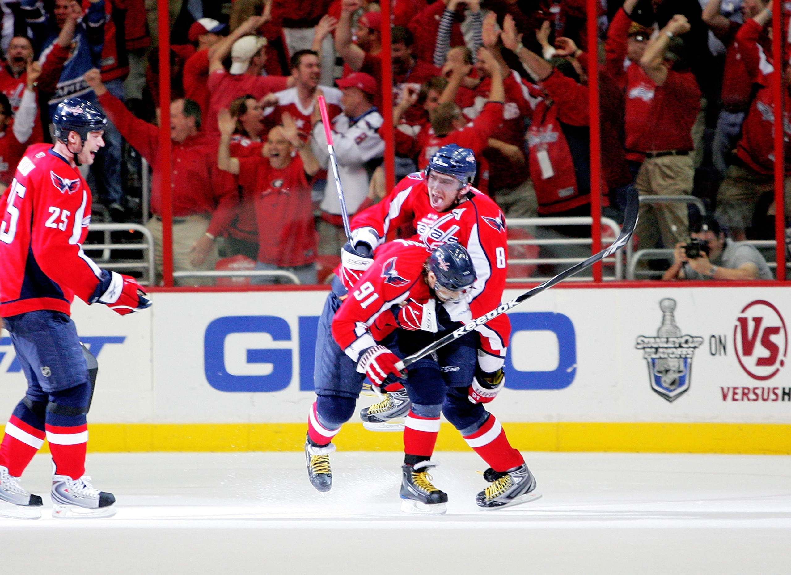 WASHINGTON - APRIL 28:  Alex Ovechkin #8 and Sergei Fedorov #91 of the Washington Capitals celebrate the game winning goal against the New York Rangers during Game Seven of the Eastern Conference Quarterfinal Round of the 2009 Stanley Cup Playoffs on Apri