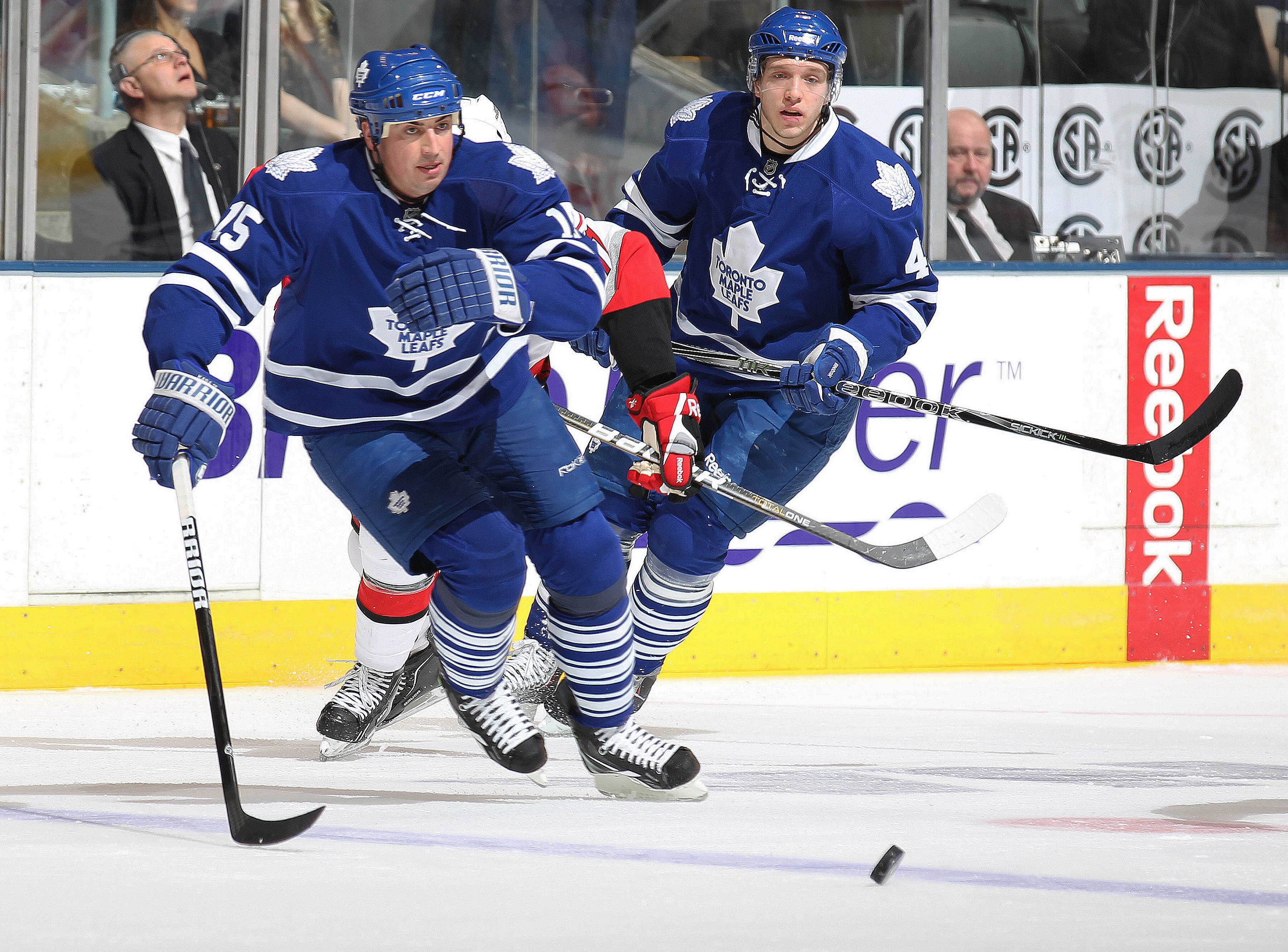 TORONTO, ON - DECEMBER 28:  Tomas Kaberle #15 of the Toronto Maple Leafs chases after a loose puck in a game against the Carolina Hurricanes on December 28, 2010 at the Air Canada Centre in Toronto, Ontario. (Photo by Claus Andersen/Getty Images)