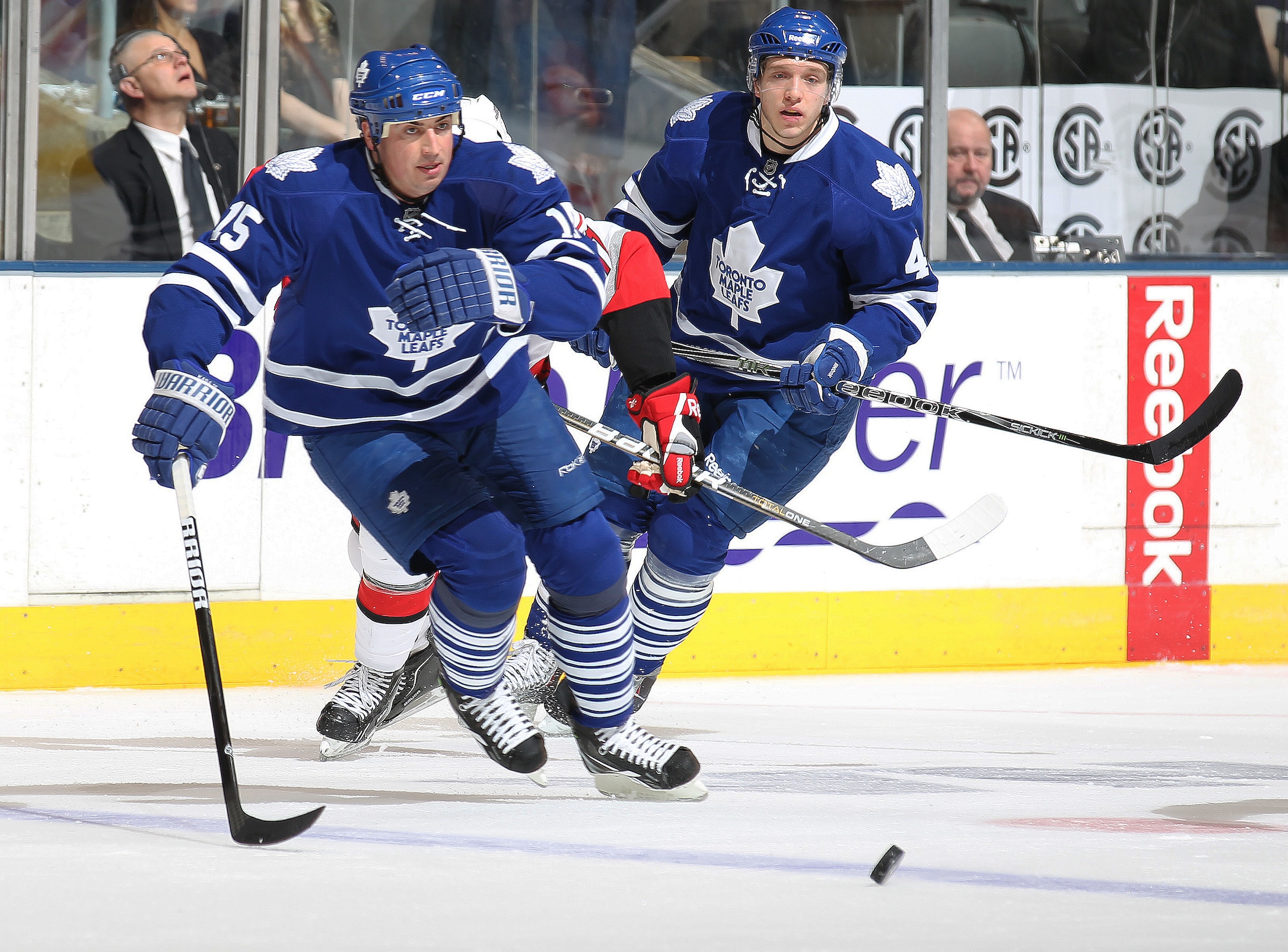TORONTO, ON - DECEMBER 28: Tomas Kaberle #15 of the Toronto Maple Leafs chases after a loose puck in a game against the Carolina Hurricanes on December 28, 2010 at the Air Canada Centre in Toronto, Ontario. (Photo by Claus Andersen/Getty Images) TORONTO, ON - DECEMBER 28: Tomas Kaberle #15 of the Toronto Maple Leafs chases after a loose puck in a game against the Carolina Hurricanes on December 28, 2010 at the Air Canada Centre in Toronto, Ontario. (Photo by Claus Andersen/Getty Images)