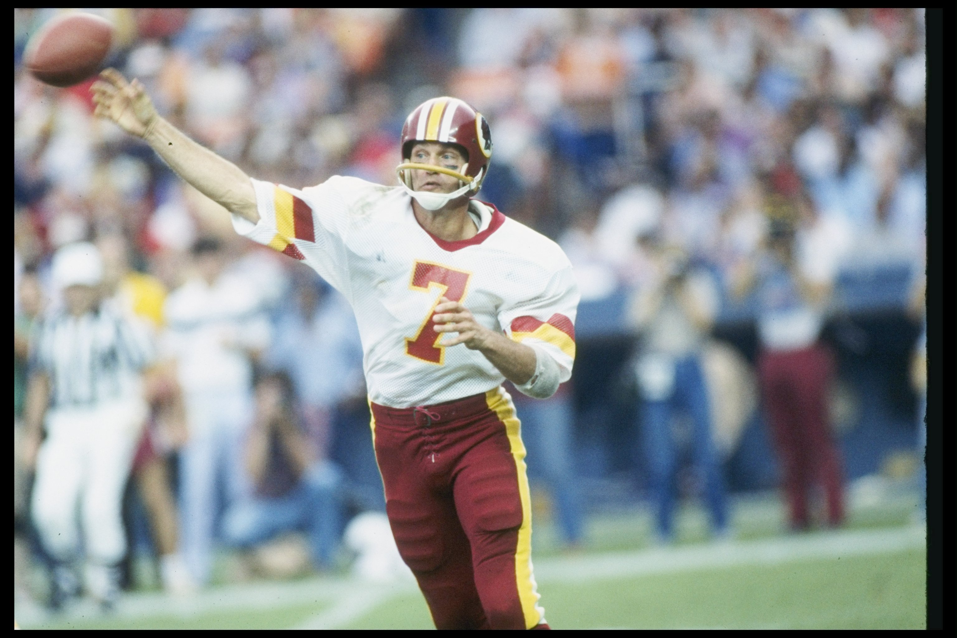 1983:  Quarterback Joe Theismann of the Washington Redskins passes the ball during a game. Mandatory Credit: Allsport  /Allsport
