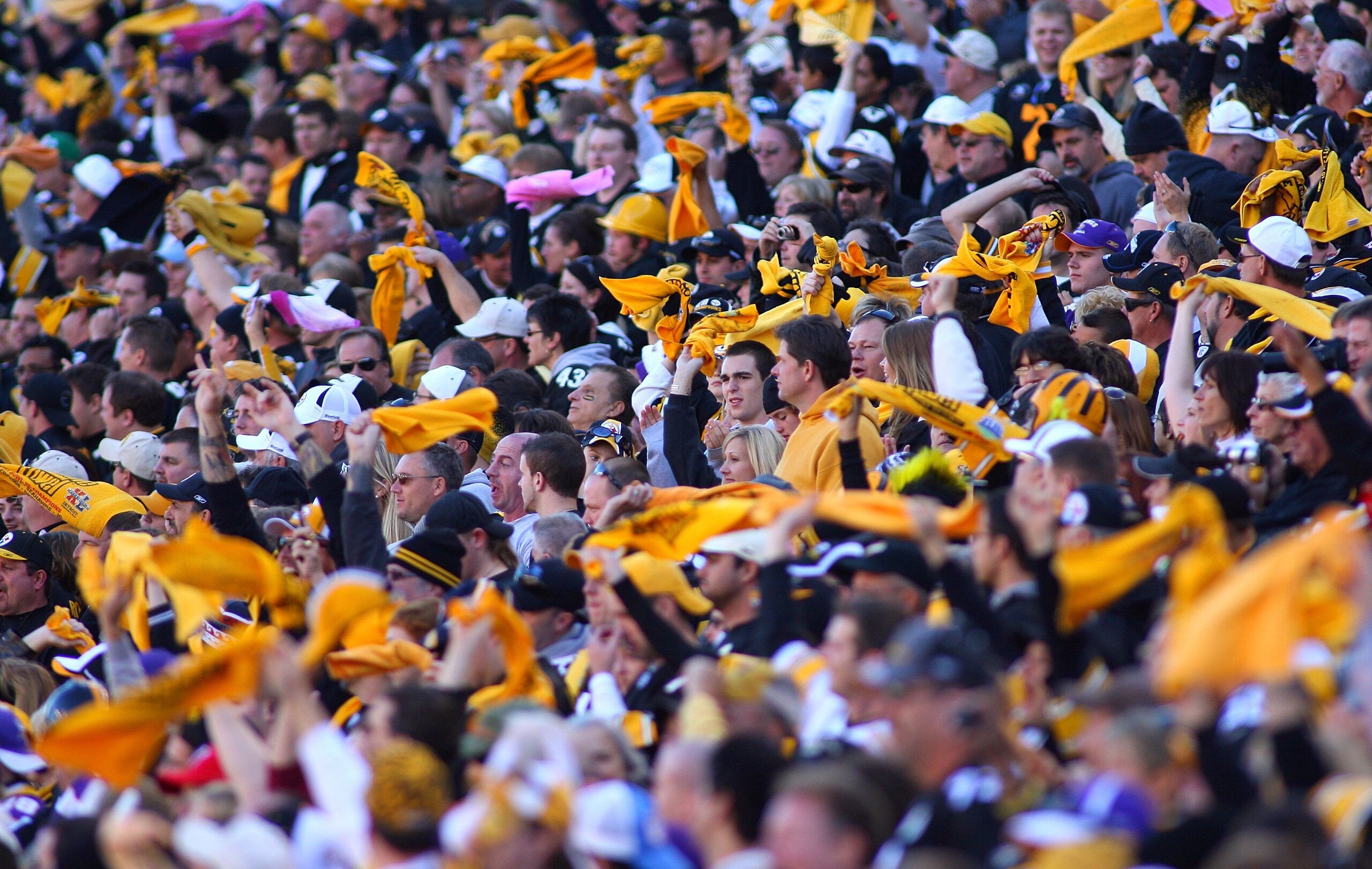 PITTSBURGH - OCTOBER 25:  Fans of the Pittsburgh Steelers wave their yellow towels during the NFL game against the Minnesota Vikings at Heinz Field on October 25, 2009 in Pittsburgh, Pennsylvania. The Steelers defeated the Vikings 27-17. (Photo by Rick St