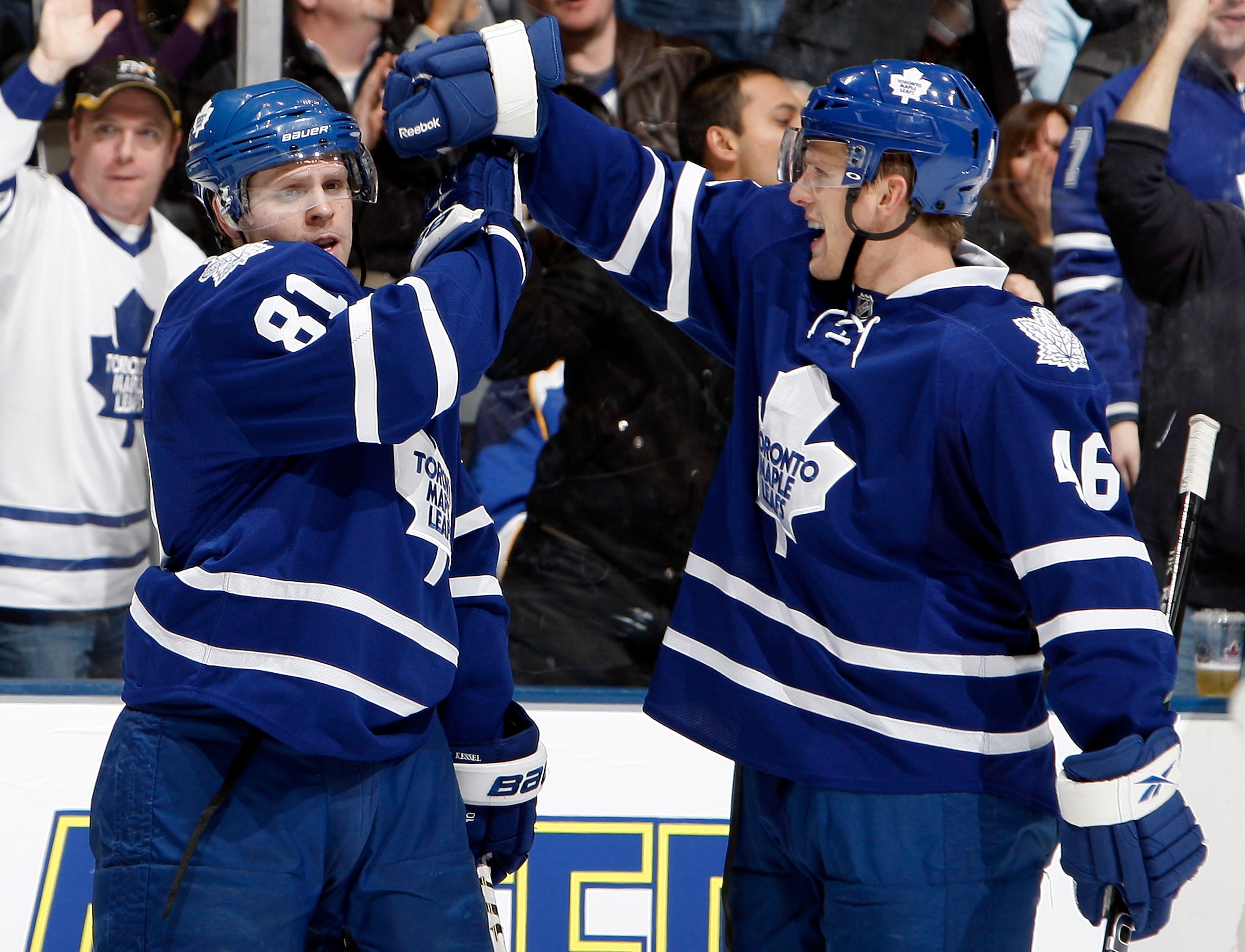 TORONTO, CANADA - JANUARY 6: Phil Kessel #81 and Joey Crabb #46 of the Toronto Maple Leafs celebrate Phil Kessel goal against the St. Louis Blues during game action at the Air Canada Centre January 6, 2011 in Toronto, Ontario, Canada. (Photo by Abelimage TORONTO, CANADA - JANUARY 6: Phil Kessel #81 and Joey Crabb #46 of the Toronto Maple Leafs celebrate Phil Kessel goal against the St. Louis Blues during game action at the Air Canada Centre January 6, 2011 in Toronto, Ontario, Canada. (Photo by Abelimage