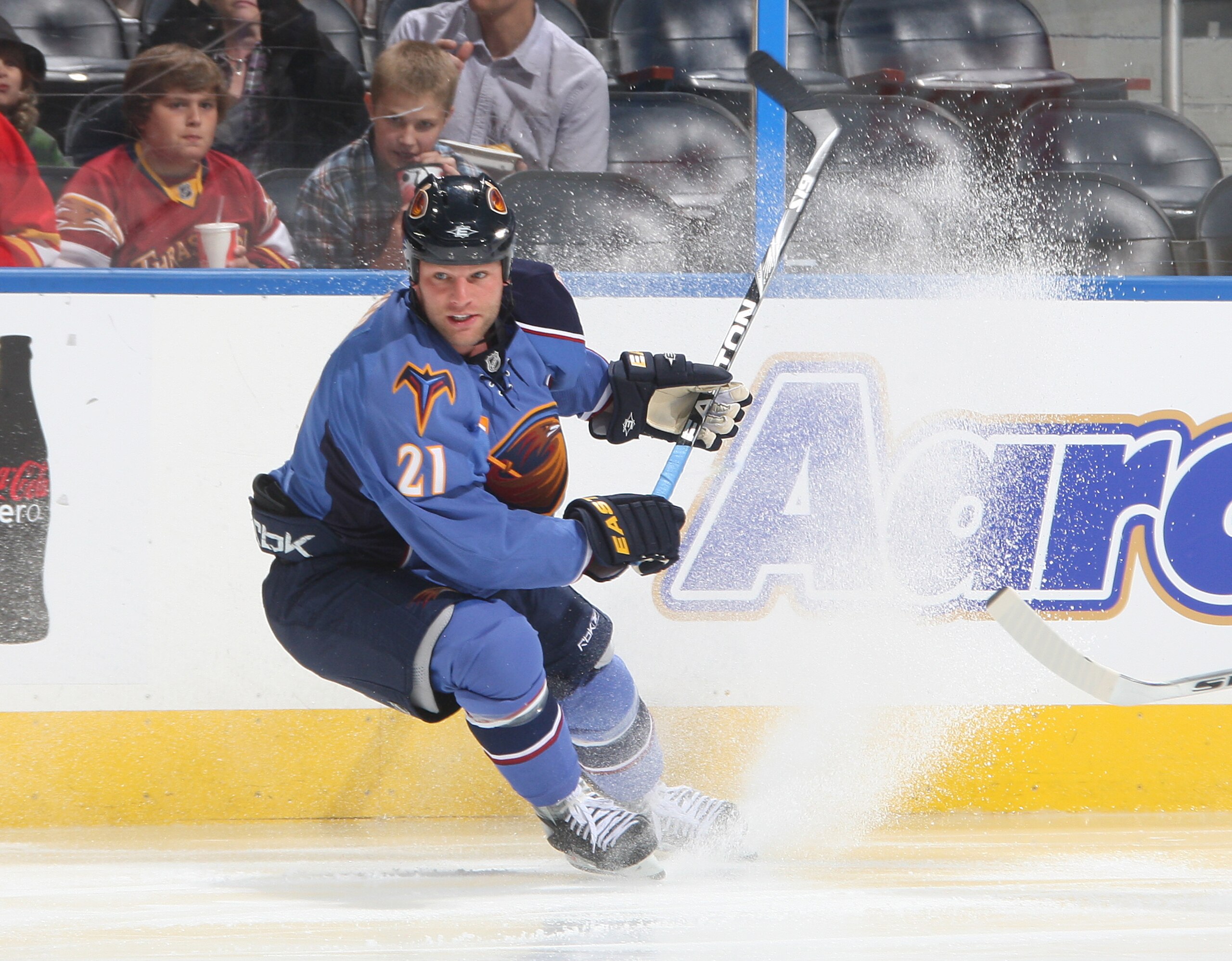 ATLANTA - SEPTEMBER 25: Ben Eager #21 of the Atlanta Thrashers skates against the Carolina Hurricanes at Philips Arena on September 25, 2010 in Atlanta, Georgia. The Hurricanes won 1-0. (Photo by Scott Cunningham/Getty Images)
