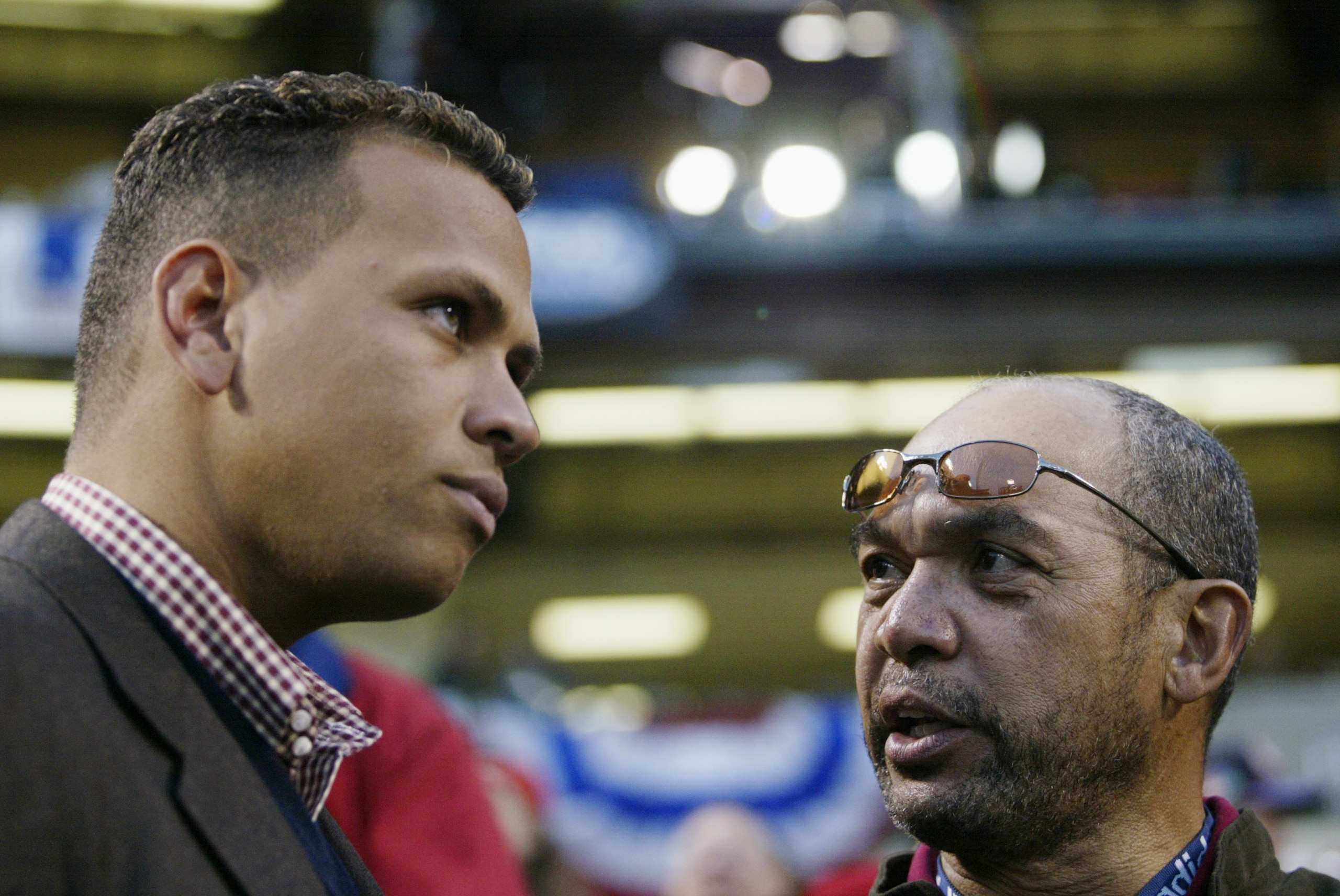 ANAHEIM, CA - OCTOBER 27: Texas Ranger Alex Rodriguez (left) interviews former Angel and Baseball Hall of Famer Reggie Jackson on the field (right) prior to the start of game seven during the World Series between the Anaheim Angels and the San Francisco ANAHEIM, CA - OCTOBER 27: Texas Ranger Alex Rodriguez (left) interviews former Angel and Baseball Hall of Famer Reggie Jackson on the field (right) prior to the start of game seven during the World Series between the Anaheim Angels and the San Francisco