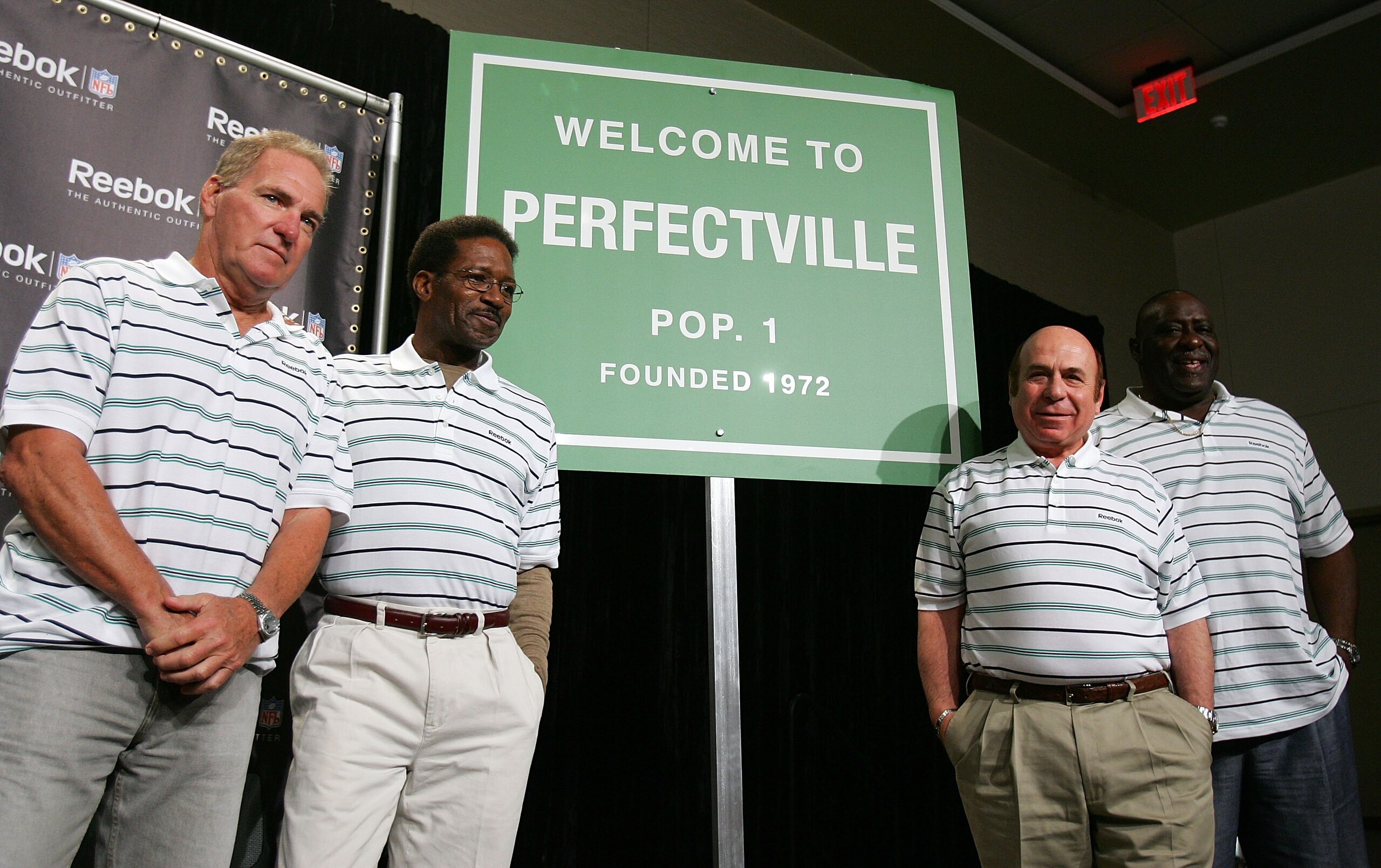 PHOENIX - FEBRUARY 01:  Former Miami Dolphins (L-R) Jim Kiick, Eugene 'Mercury' Morris, Garo Yepremian, and Larry Little answer questions attend a press conference anouncing Reebok's new television campaign -dubbed 'Perfectville'- featuring members of the