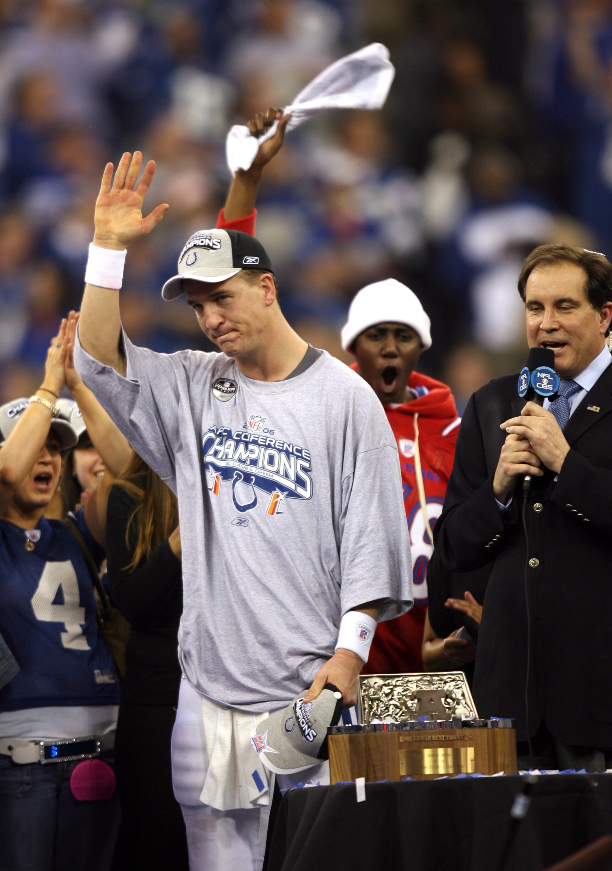 Quarterback Peyton Manning of the Indianapolis Colts after the AFC Championship game between the New England Patriots and Indianapolis Colts at the RCA Dome in Indianapolis, Indiana on January 21, 2007. (Photo by Mike Ehrmann/Getty Images)