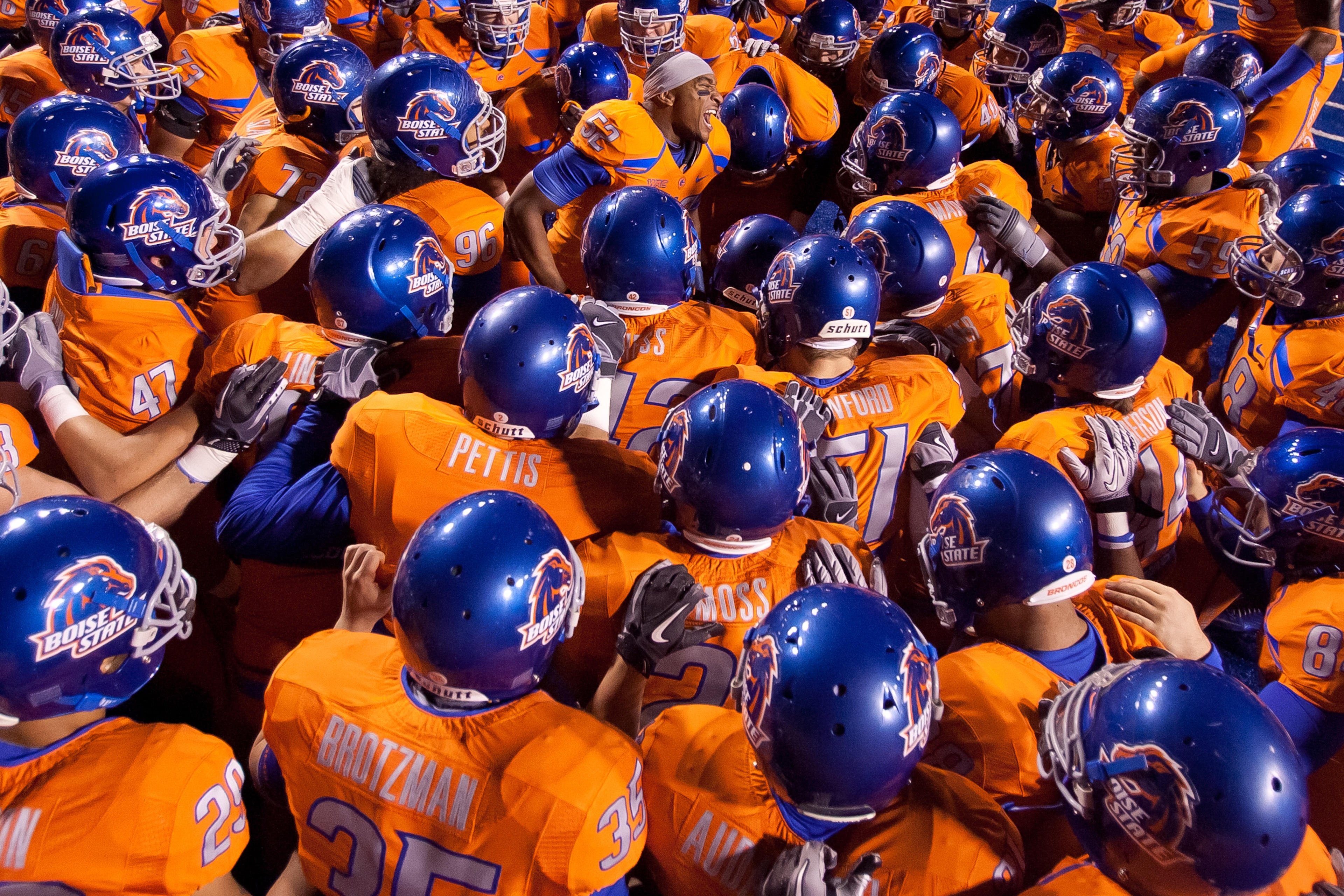 BOISE, ID - NOVEMBER 19: Derrell Acrey #52 psyches up the Boise State Broncos before the game against the Fresno State Bulldogs at Bronco Stadium on November 19, 2010 in Boise, Idaho. (Photo by Otto Kitsinger III/Getty Images) BOISE, ID - NOVEMBER 19: Derrell Acrey #52 psyches up the Boise State Broncos before the game against the Fresno State Bulldogs at Bronco Stadium on November 19, 2010 in Boise, Idaho. (Photo by Otto Kitsinger III/Getty Images)