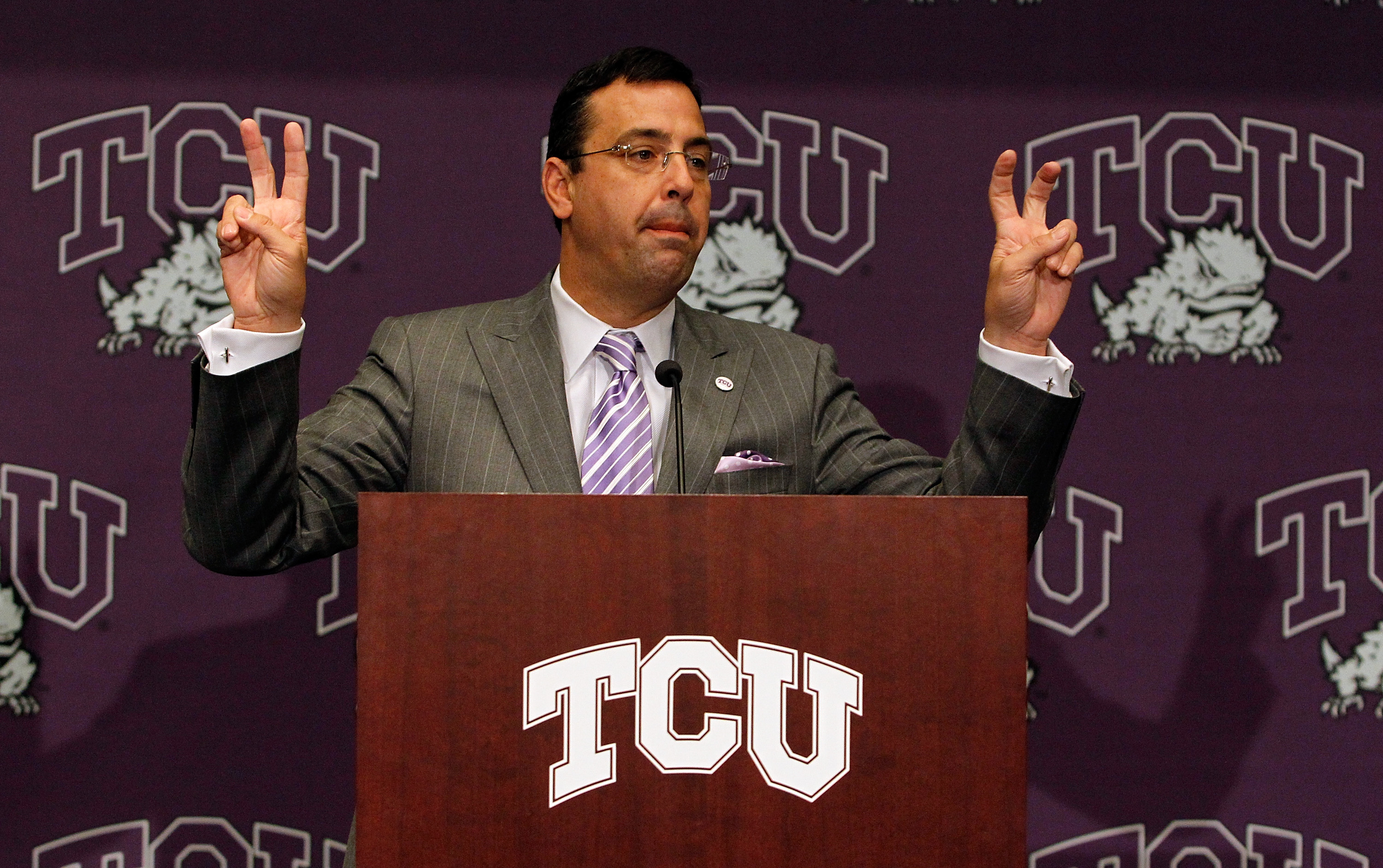 DALLAS - NOVEMBER 29:  Texas Christian University Athletics Director Chris Del Conte talks with the media after TCU accepted an invitation for full membership into The Big East Conference on November 29, 2010 in Fort Worth, Texas.  TCU will leave the Moun