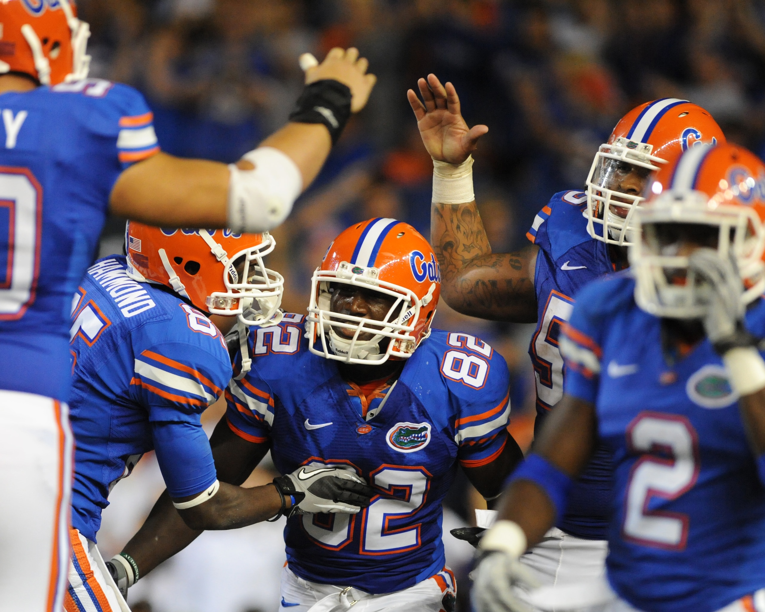 GAINESVILLE, FL - OCTOBER 16:  Wide receiver Omarius Hines #82 of the Florida Gators celebrates a touchdown catch against the Mississippi State Bulldogs  October 16, 2010 Ben Hill Griffin Stadium at Gainesville, Florida.  (Photo by Al Messerschmidt/Getty