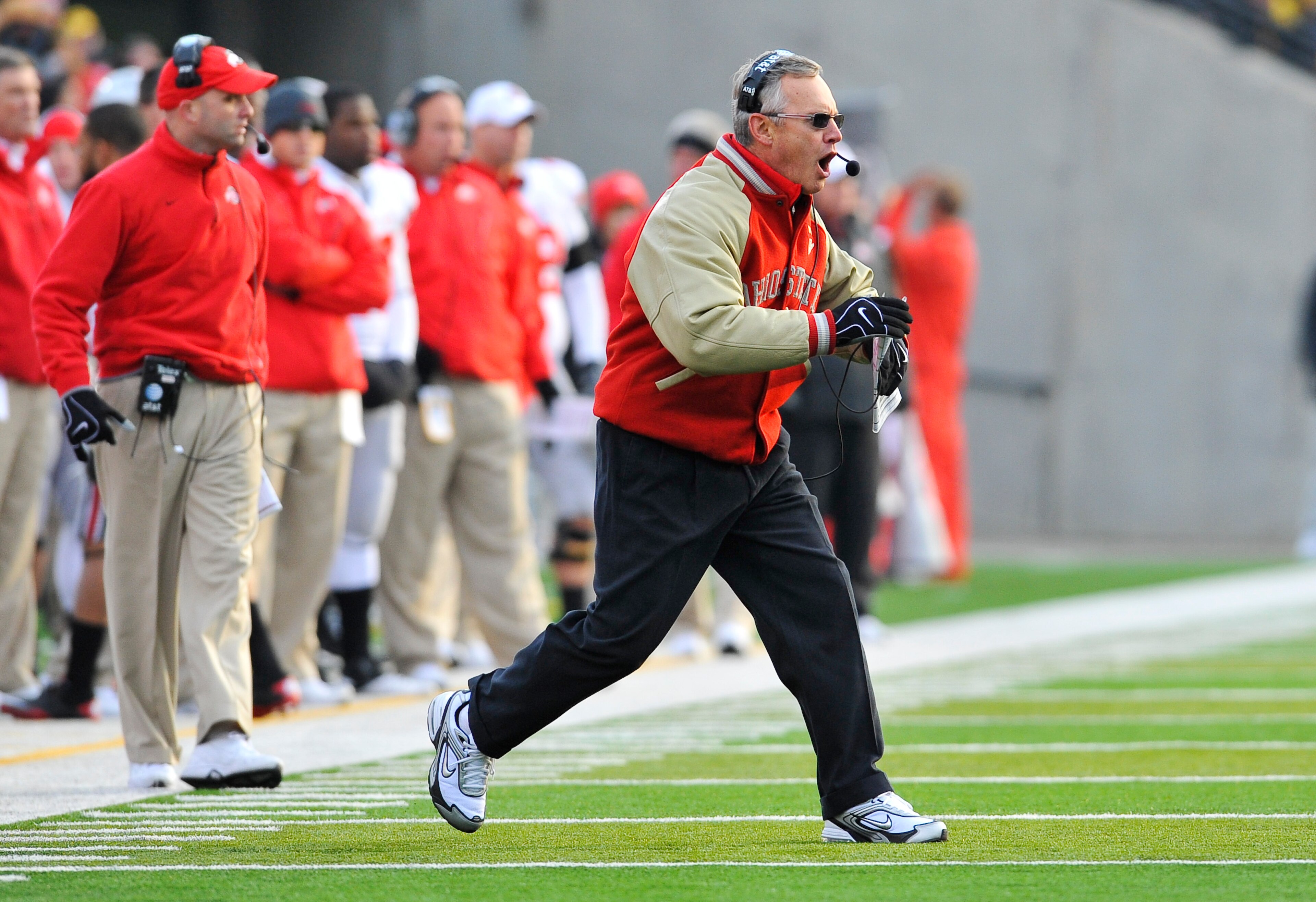 IOWA CITY, IA - NOVEMBER 20: Ohio State Buckeyes head coach Jim Tressel argues a call by officials during play against the University of Iowa Hawkeyes during the first half of play at Kinnick Stadium on November 20, 2010 in Iowa City, Iowa. Ohio State won IOWA CITY, IA - NOVEMBER 20: Ohio State Buckeyes head coach Jim Tressel argues a call by officials during play against the University of Iowa Hawkeyes during the first half of play at Kinnick Stadium on November 20, 2010 in Iowa City, Iowa. Ohio State won