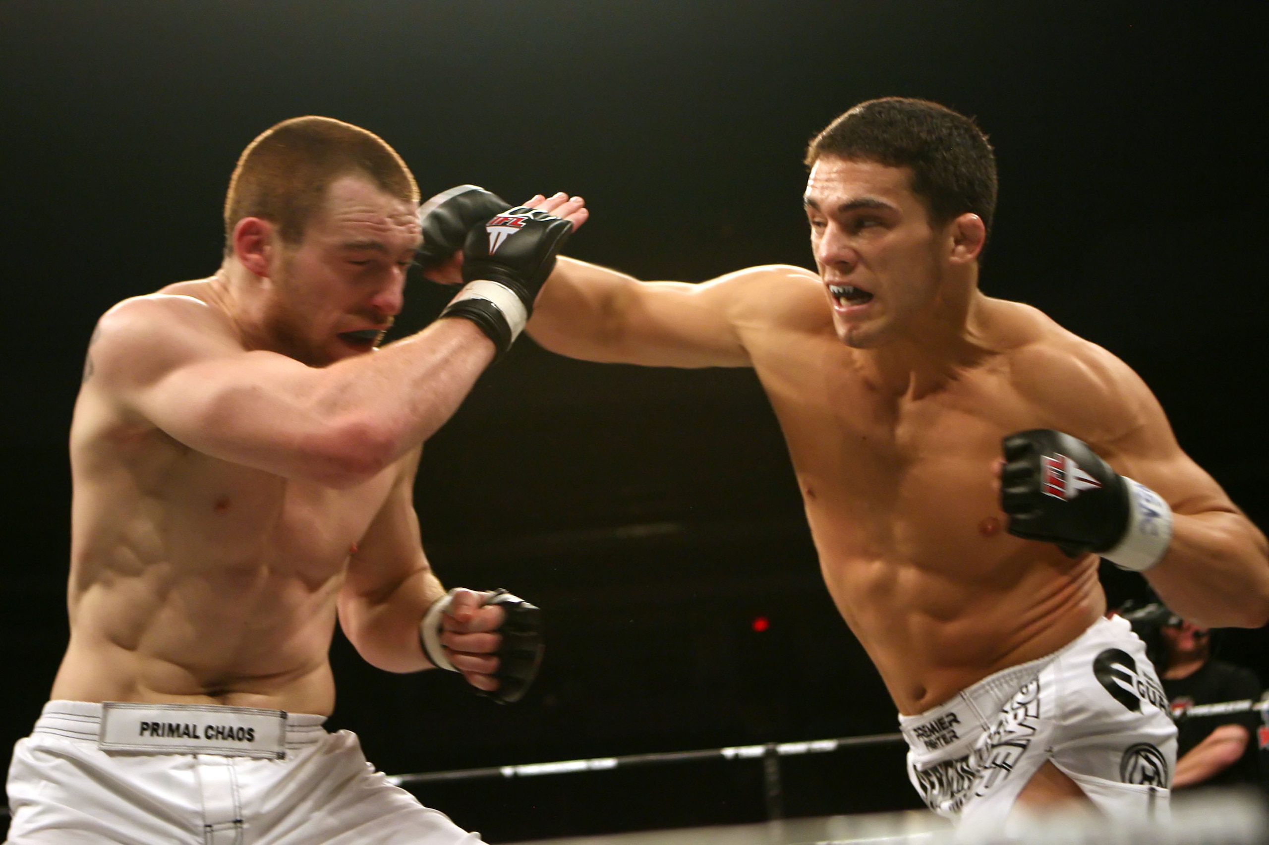 LAS VEGAS - FEBRUARY 29: Jake Ellenberger white trunks black lettering of Team Quest fights against Pat Healy white trunks of Lion's Den during their welterweight bout at The Orleans Arena on February 29, 2008 in Las Vegas, Nevada. (Photo by Ethan Mille LAS VEGAS - FEBRUARY 29: Jake Ellenberger white trunks black lettering of Team Quest fights against Pat Healy white trunks of Lion's Den during their welterweight bout at The Orleans Arena on February 29, 2008 in Las Vegas, Nevada. (Photo by Ethan Mille