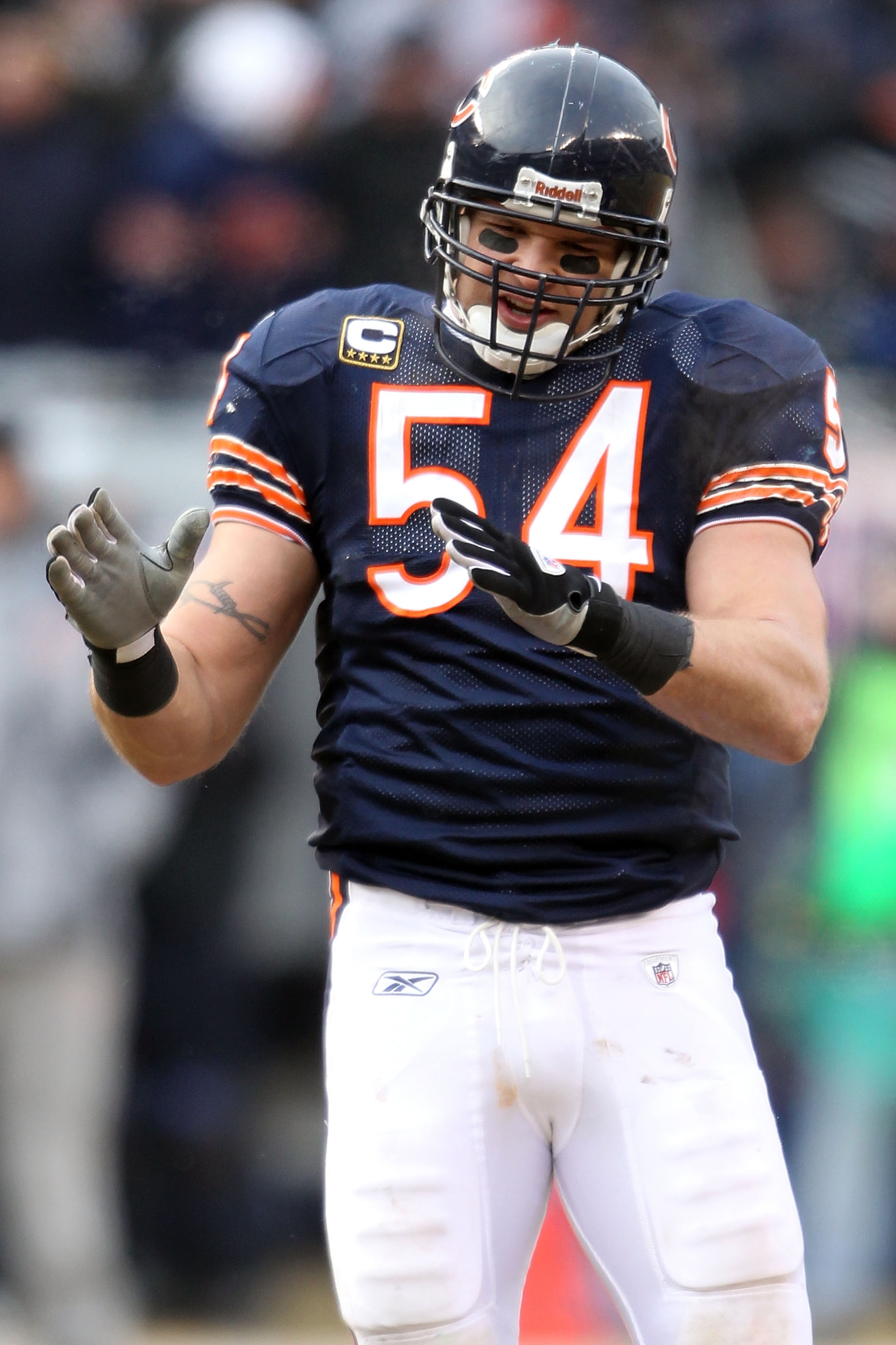 CHICAGO, IL - JANUARY 16:  Linebacker Brian Urlacher #54 of the Chicago Bears looks on against the Seattle Seahawks in the 2011 NFC divisional playoff game at Soldier Field on January 16, 2011 in Chicago, Illinois.  (Photo by Andy Lyons/Getty Images)