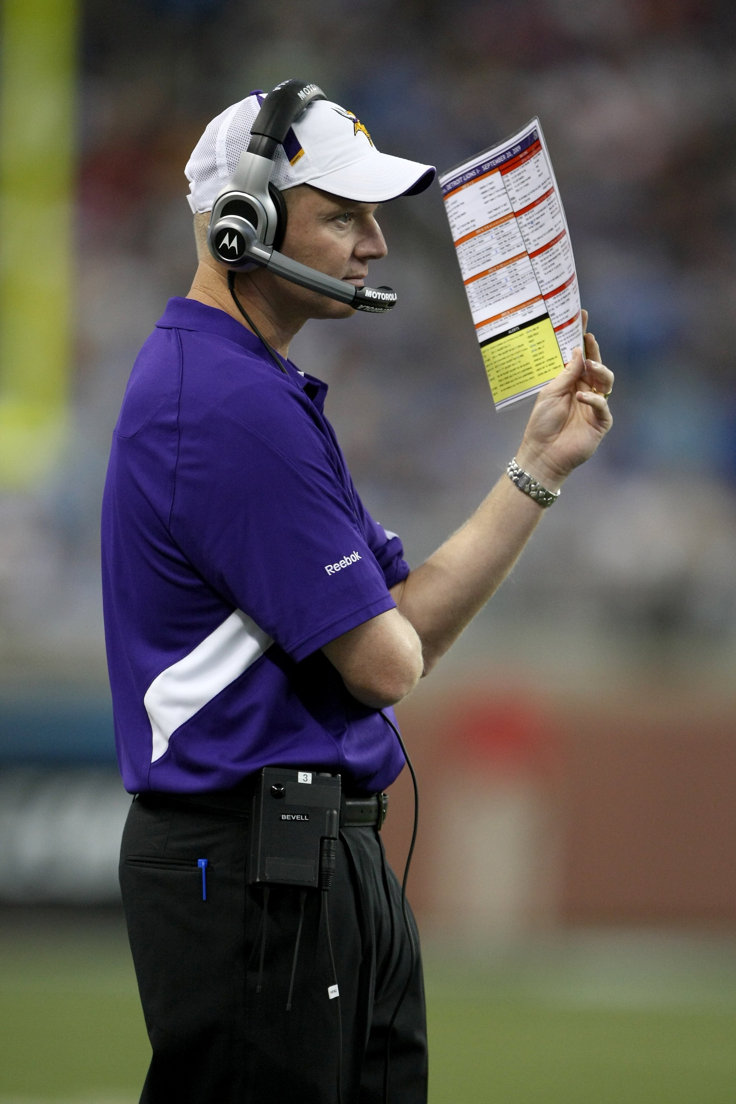 DETROIT - SEPTEMBER 20:  Offensive coordinator Darrell Bevell of the Minnesota Vikings looks on during the game with the Detroit Lions at Ford Field on September 20, 2009 in Detroit, Michigan. The Vikings won 27-13.  (Photo by Stephen Dunn/Getty Images)