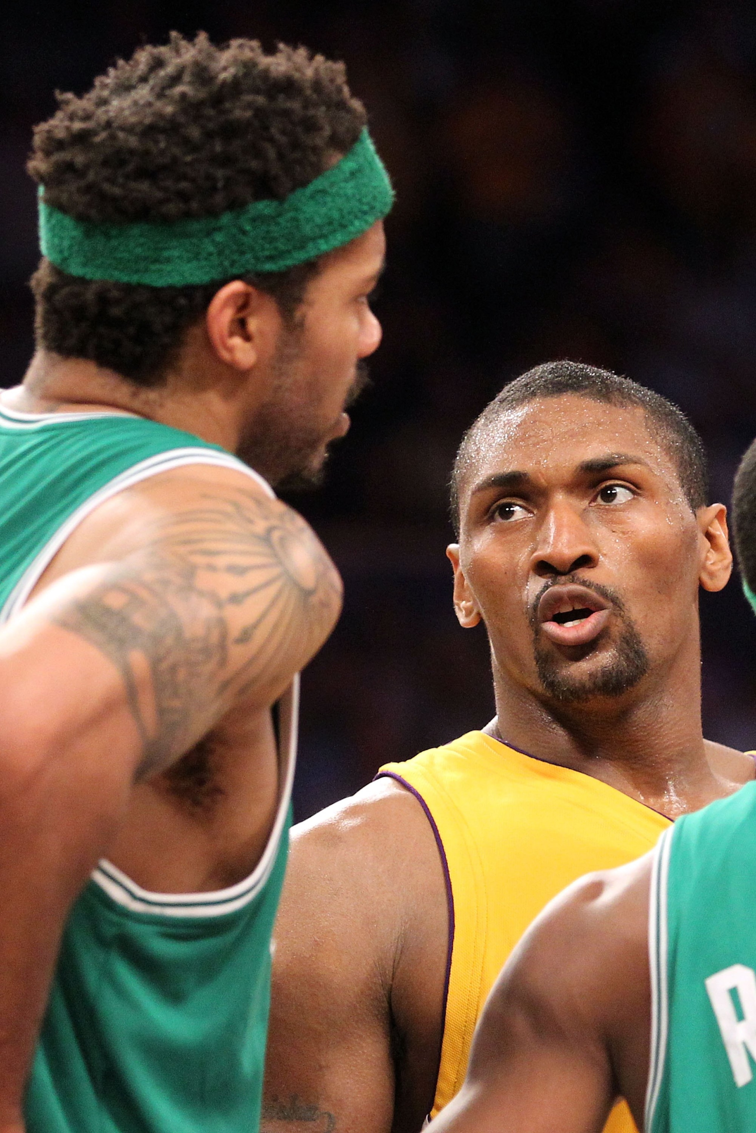 LOS ANGELES, CA - JUNE 17:  Ron Artest #37 of the Los Angeles Lakers looks over at Rasheed Wallace #30 of the Boston Celtics in Game Seven of the 2010 NBA Finals at Staples Center on June 17, 2010 in Los Angeles, California.  NOTE TO USER: User expressly