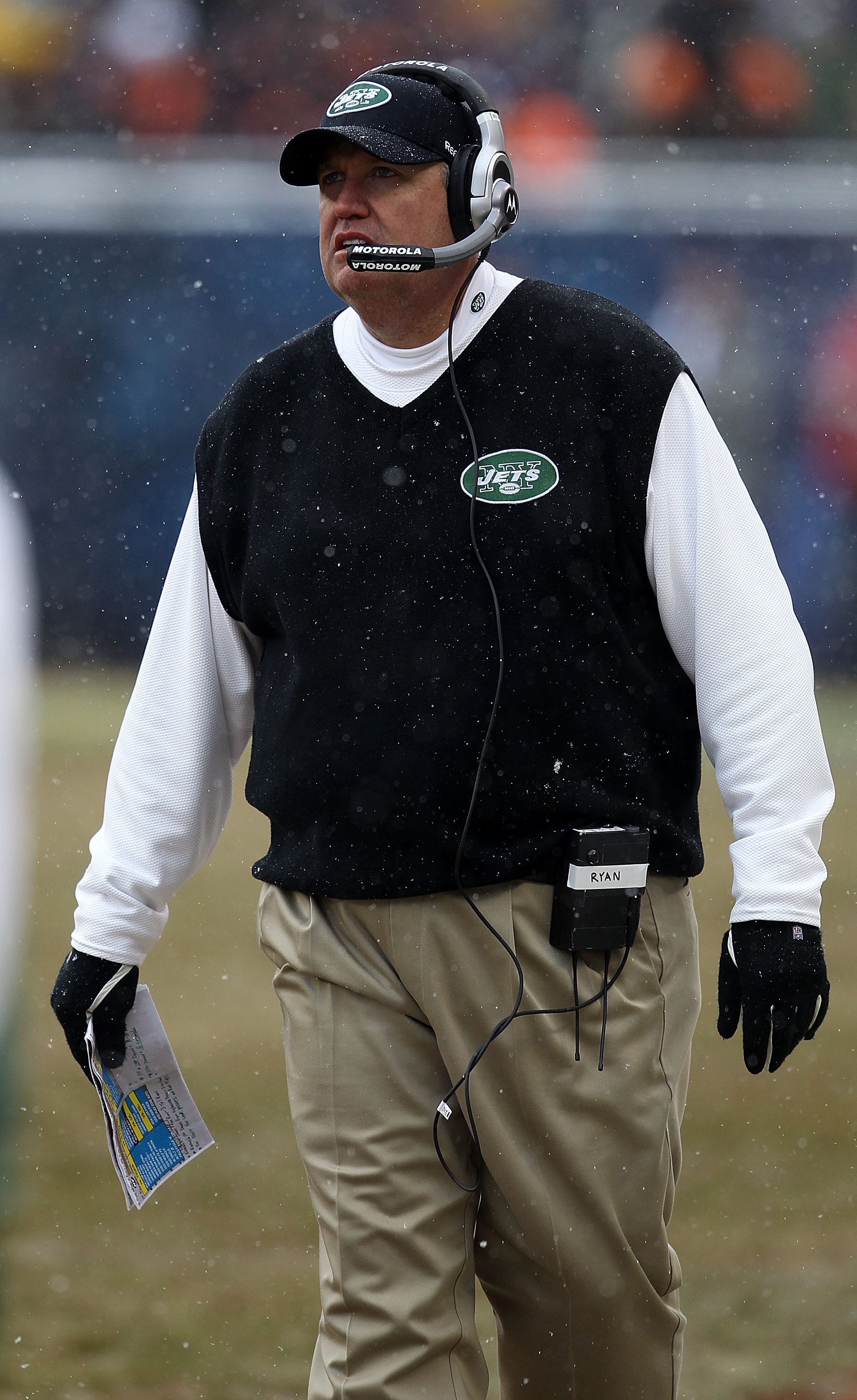 CHICAGO, IL - DECEMBER 26: Head coach Rex Ryan of the New York Jets watches as his team takes on the Chicago Bears at Soldier Field on December 26, 2010 in Chicago, Illinois. The Bears defeated the Jets 38-34. (Photo by Jonathan Daniel/Getty Images)