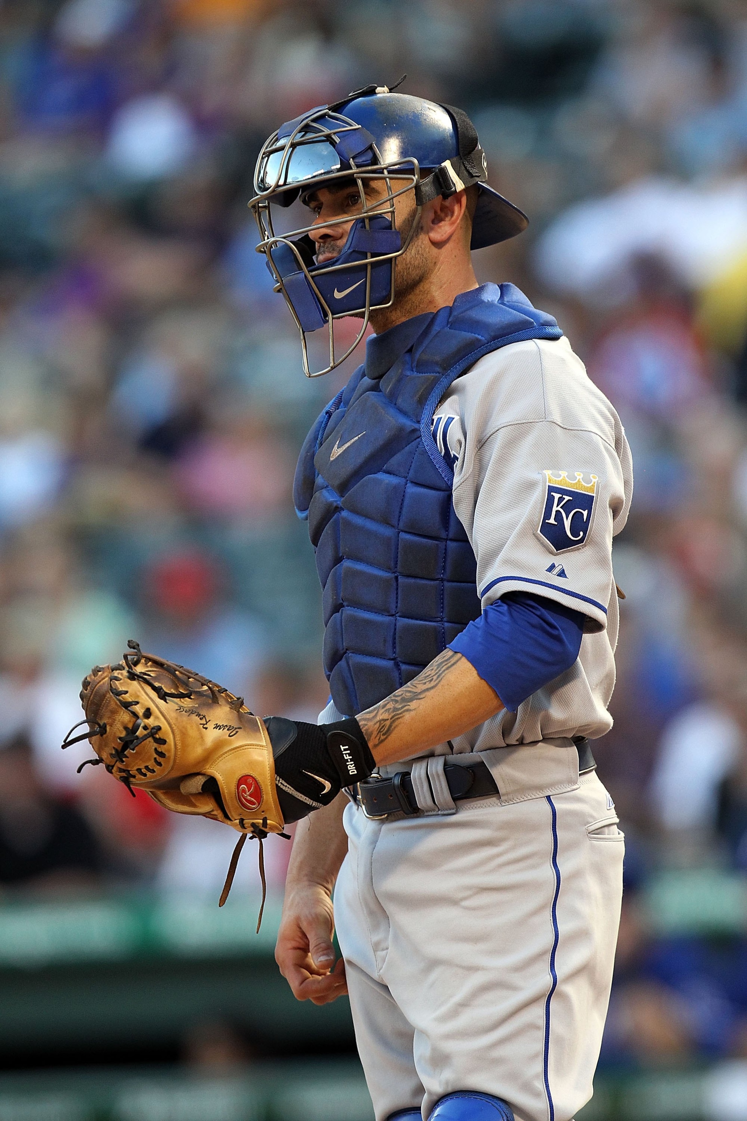 ARLINGTON, TX - MAY 06: Catcher Jason Kendall #18 of the Kansas City Royals on May 6, 2010 at the Ballpark in Arlington, Texas. (Photo by Ronald Martinez/Getty Images) ARLINGTON, TX - MAY 06: Catcher Jason Kendall #18 of the Kansas City Royals on May 6, 2010 at the Ballpark in Arlington, Texas. (Photo by Ronald Martinez/Getty Images)