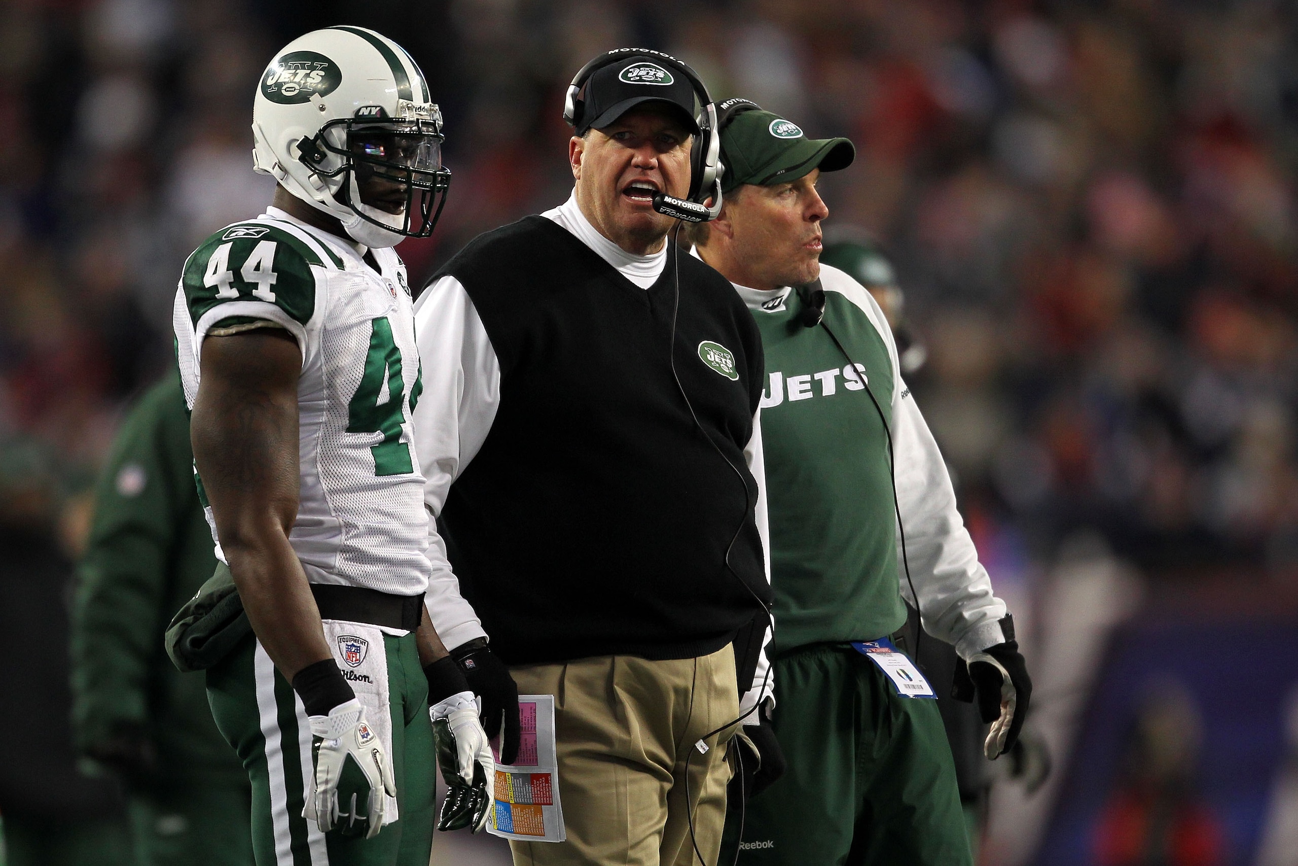 FOXBORO, MA - JANUARY 16:  Head coach Rex Ryan and James Ihedigbo #44 of the New York Jets look on from the sideline during their 2011 AFC divisional playoff game against the New England Patriots at Gillette Stadium on January 16, 2011 in Foxboro, Massach