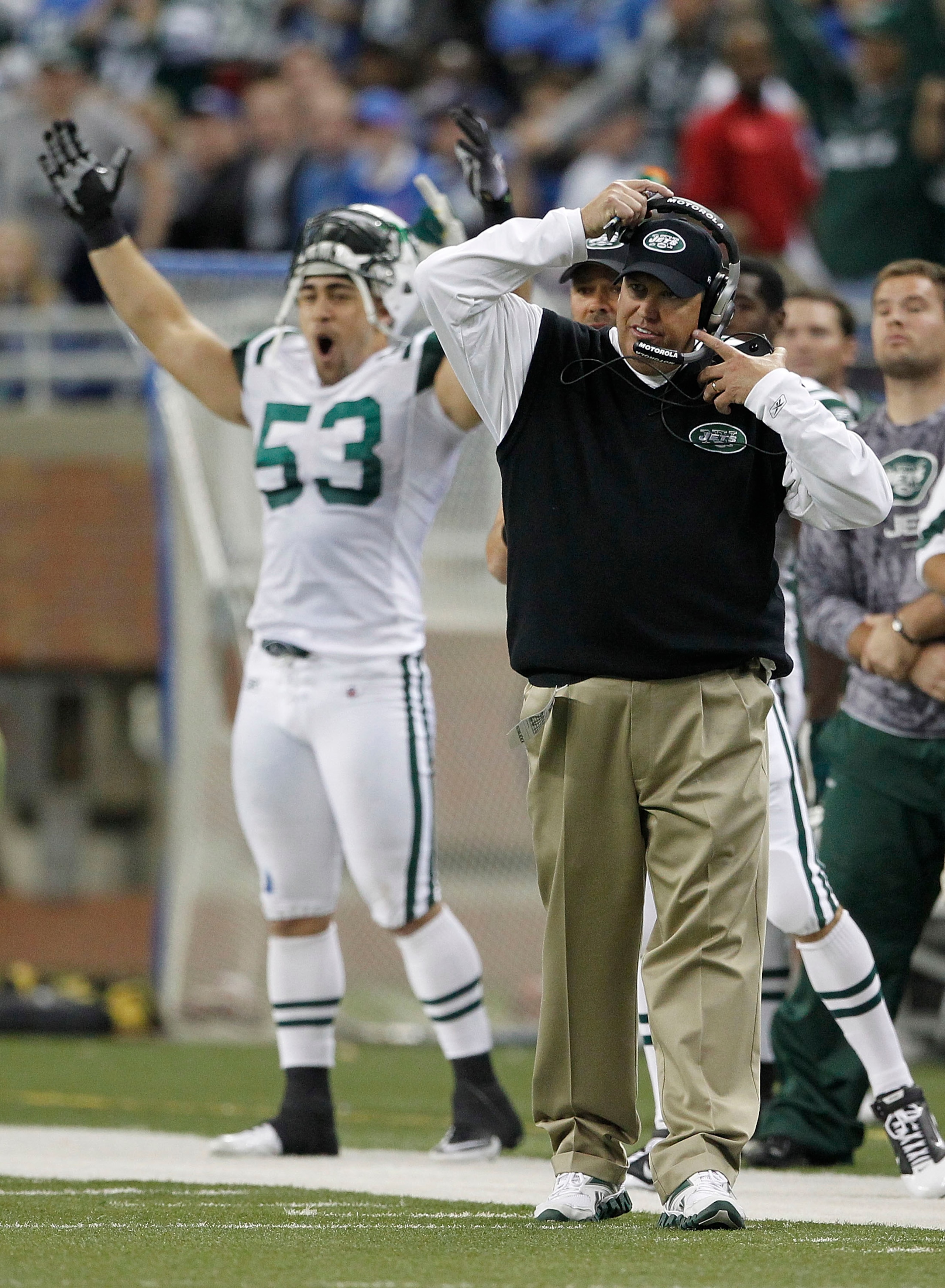DETROIT - NOVEMBER 07: Head coach Rex Ryan and Josh Mauga #53 of the New York Jets celebrate a 23-20 ovetime win over the Detroit Lions at Ford Field on November 7, 2010 in Detroit, Michigan. The Jets defeated the Lions 23-20 in overtime.  (Photo by Leon