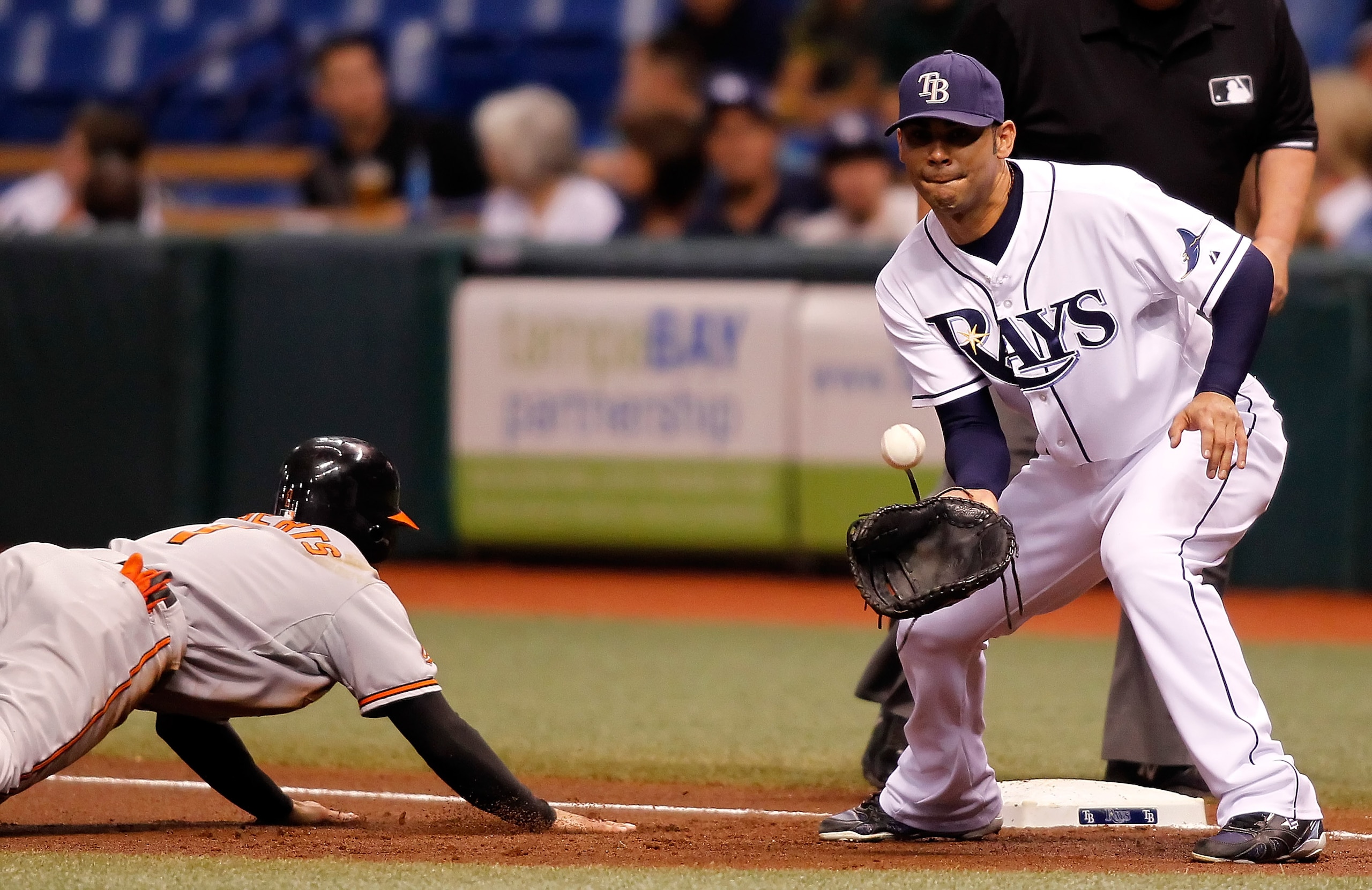 ST. PETERSBURG - SEPTEMBER 27:  First baseman Carlos Pena #23 of the Tampa Bay Rays takes the throw at first as Brian Roberts #1 of the Baltimore Orioles gets back safely during the game at Tropicana Field on September 27, 2010 in St. Petersburg, Florida.