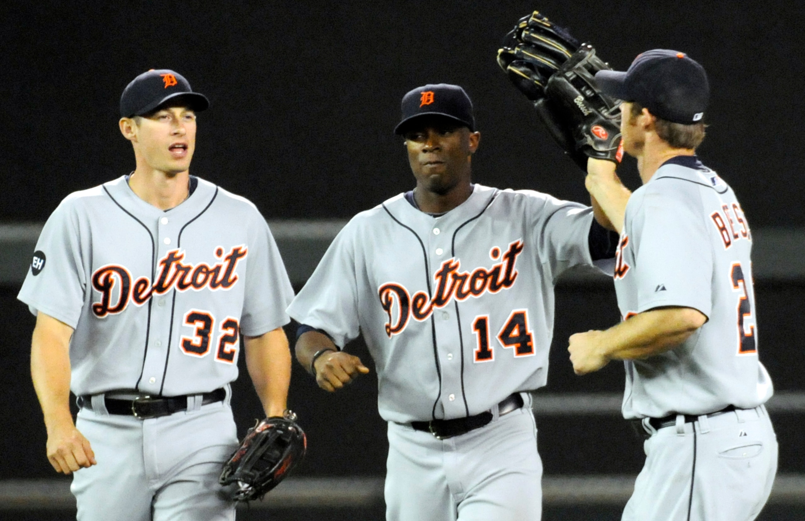 MINNEAPOLIS, MN - JUNE 28:  Don Kelly #32, Austin Jackson #14 and Brennan Boesch #26 of the Detroit Tigers celebrates a win against the Minnesota Twins during their game on June 28, 2010 at Target Field in Minneapolis, Minnesota. Tigers defeated the Twins