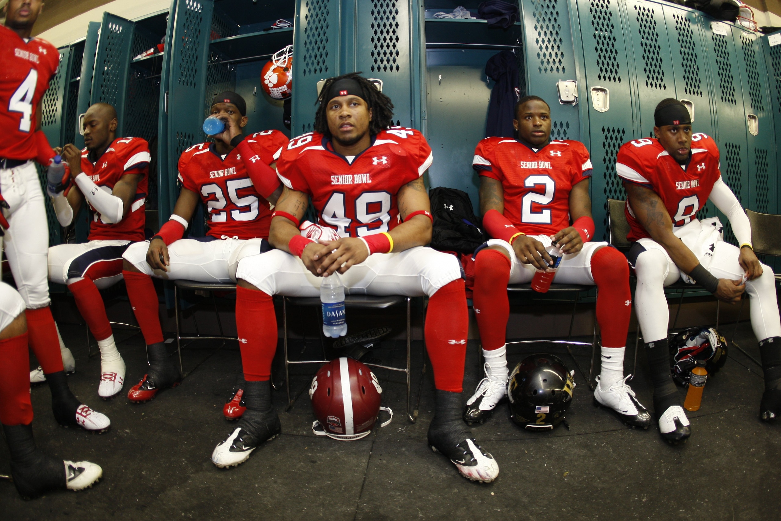 MOBILE, AL - JANUARY 24:  Rashad Johnson #49 of the South Team prepares with teammates before the game against the North Team during the Under Armour Senior Bowl on January 24, 2009 at Ladd-Peebles Stadium in Mobile, Alabama.  (Photo by Chris Graythen/Get