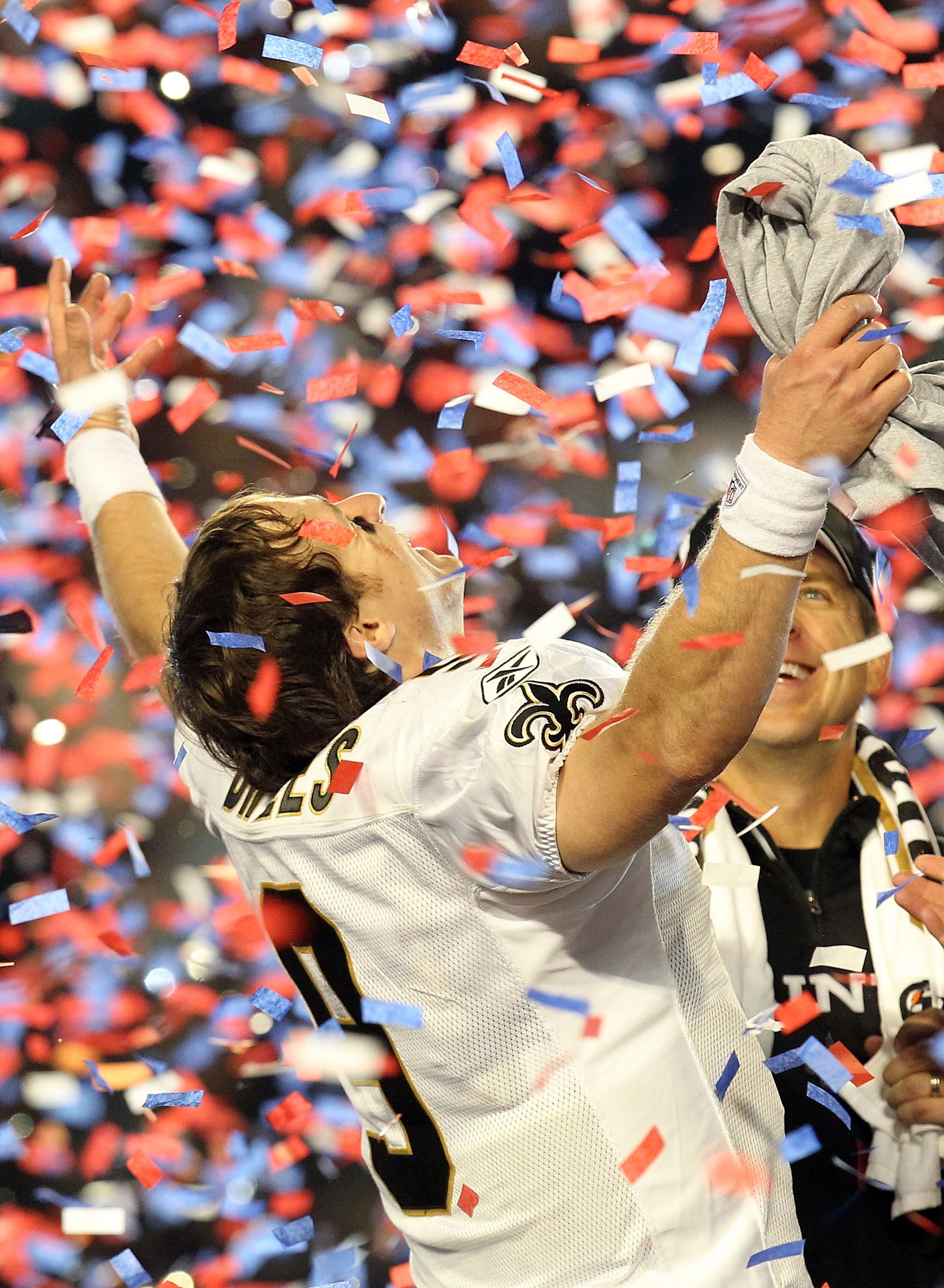 MIAMI GARDENS, FL - FEBRUARY 07:  Quarterback Drew Brees #9 of the New Orleans Saints celebrates after his team defeated the Indianapolis Colts during Super Bowl XLIV on February 7, 2010 at Sun Life Stadium in Miami Gardens, Florida.  (Photo by Ronald Mar