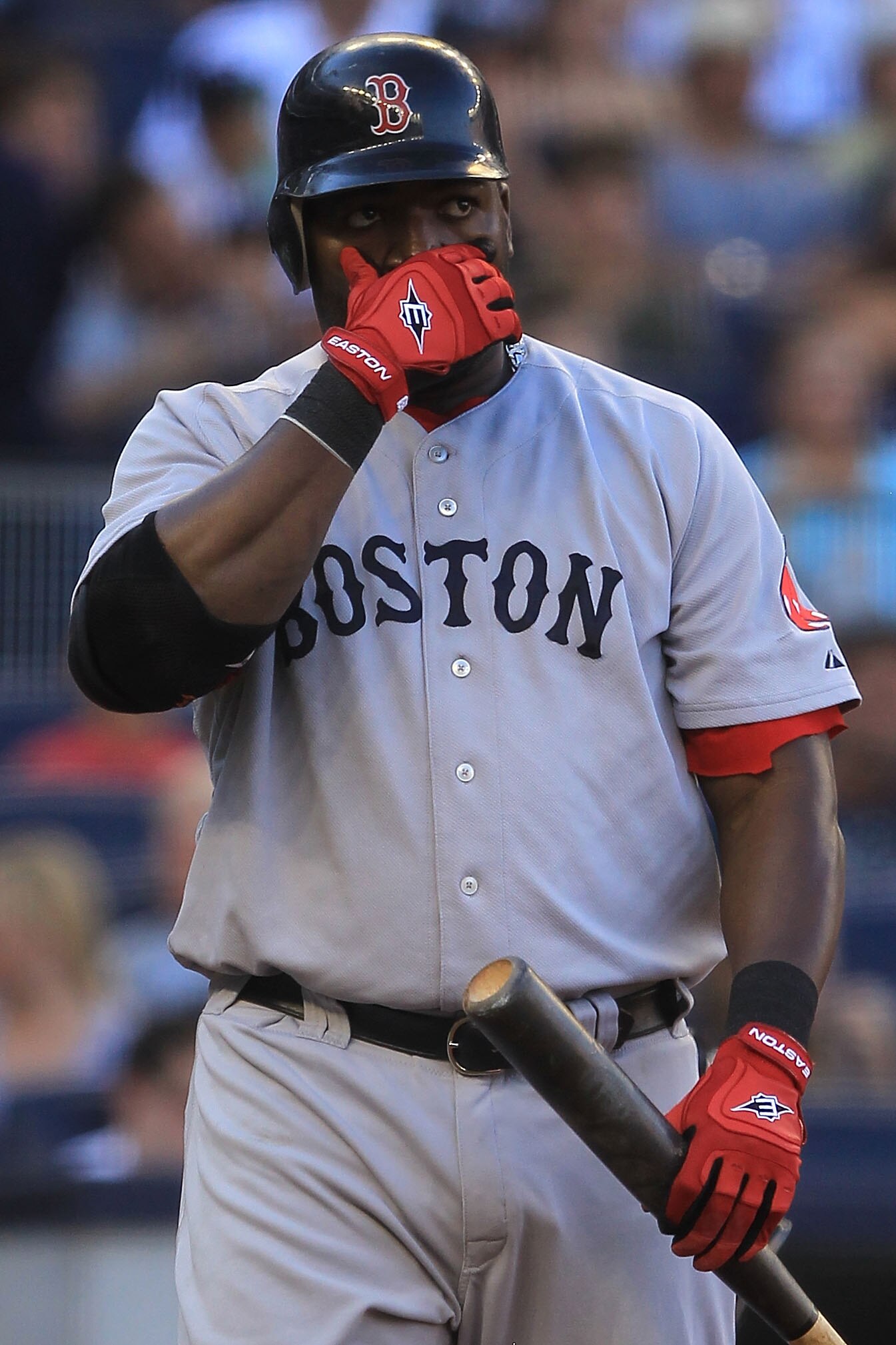 NEW YORK - SEPTEMBER 25: David Ortiz #34 of the Boston Red Sox reacts after a strike against the New York Yankees during their game on September 25, 2010 at Yankee Stadium in the Bronx borough of New York City.  (Photo by Chris McGrath/Getty Images)