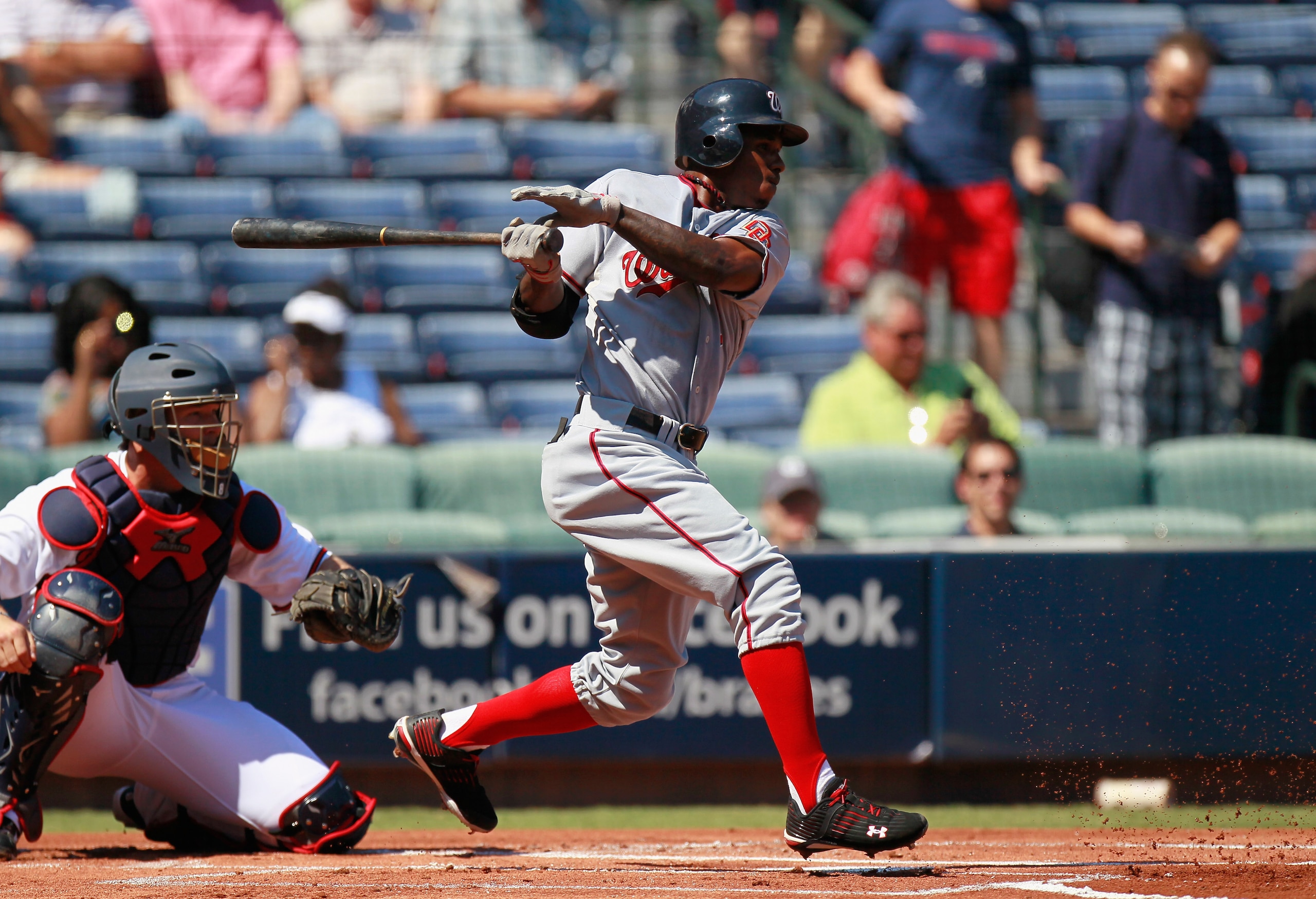 ATLANTA - SEPTEMBER 15:  Nyjer Morgan #1 of the Washington Nationals against the Atlanta Braves at Turner Field on September 15, 2010 in Atlanta, Georgia.  (Photo by Kevin C. Cox/Getty Images)