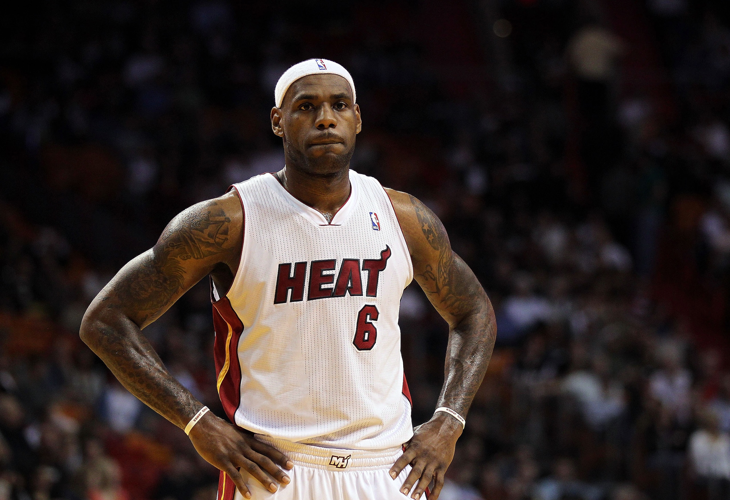 MIAMI, FL - JANUARY 18:  LeBron James #6 of the Miami Heat looks on during a game against the Atlanta Hawks at American Airlines Arena on January 18, 2011 in Miami, Florida. NOTE TO USER: User expressly acknowledges and agrees that, by downloading and/or