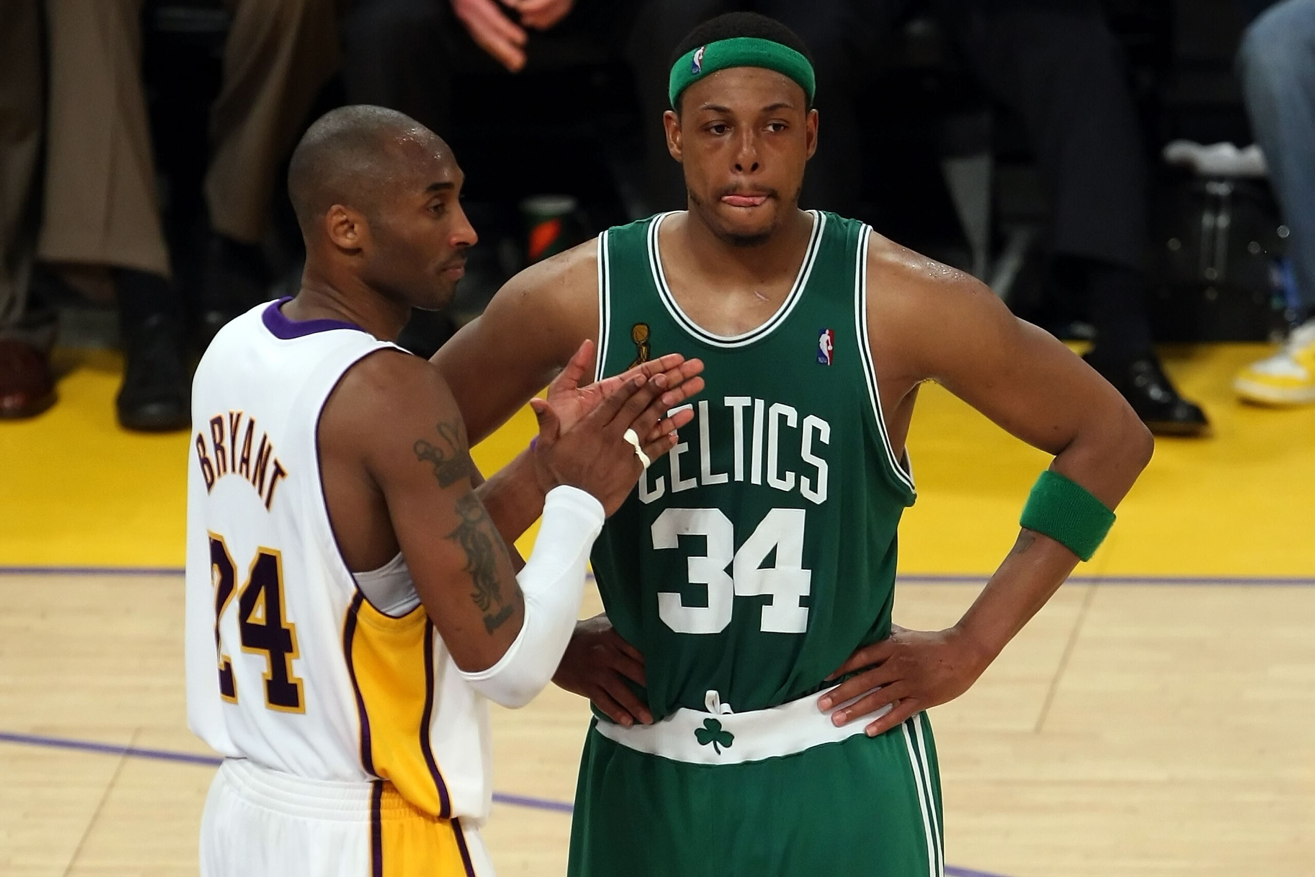 LOS ANGELES, CA - JUNE 15:  Kobe Bryant #24 of the Los Angeles Lakers claps in front of Paul Pierce #34 of the Boston Celtics in Game Five of the 2008 NBA Finals on June 15, 2008 at Staples Center in Los Angeles, California. NOTE TO USER: User expressly a