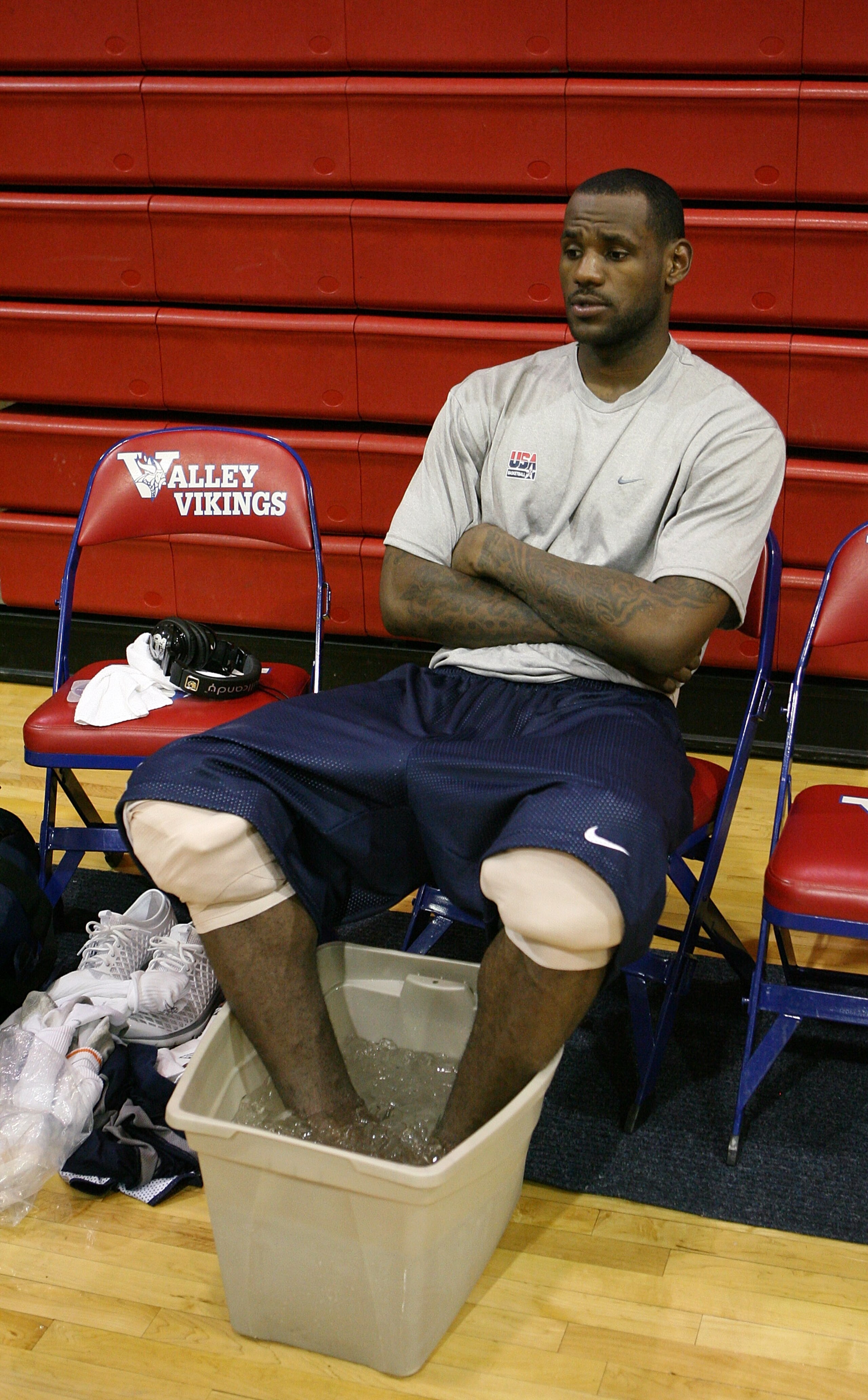 LAS VEGAS - JULY 21:  LeBron James #6 of the USA Basketball Men's Senior National Team ices his feet after a practice at Valley High School June 21, 2008 in Las Vegas, Nevada.  (Photo by Ethan Miller/Getty Images)
