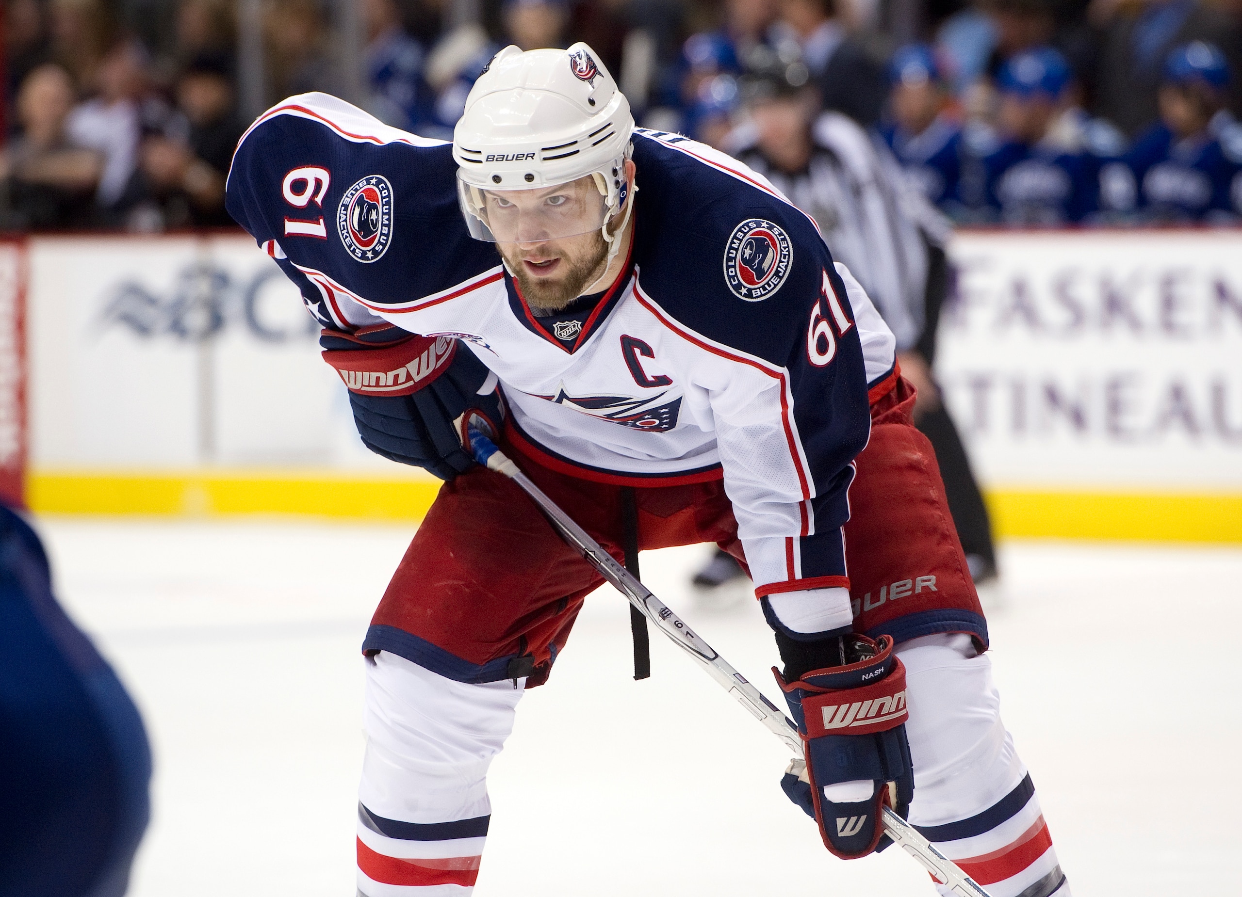 VANCOUVER, CANADA - DECEMBER 15: Rick Nash #61 of the Columbus Blue Jackets waits for a face-off during NHL action on December 15, 2010 against the Vancouver Canucks at Rogers Arena in Vancouver, BC, Canada.  (Photo by Rich Lam/Getty Images)