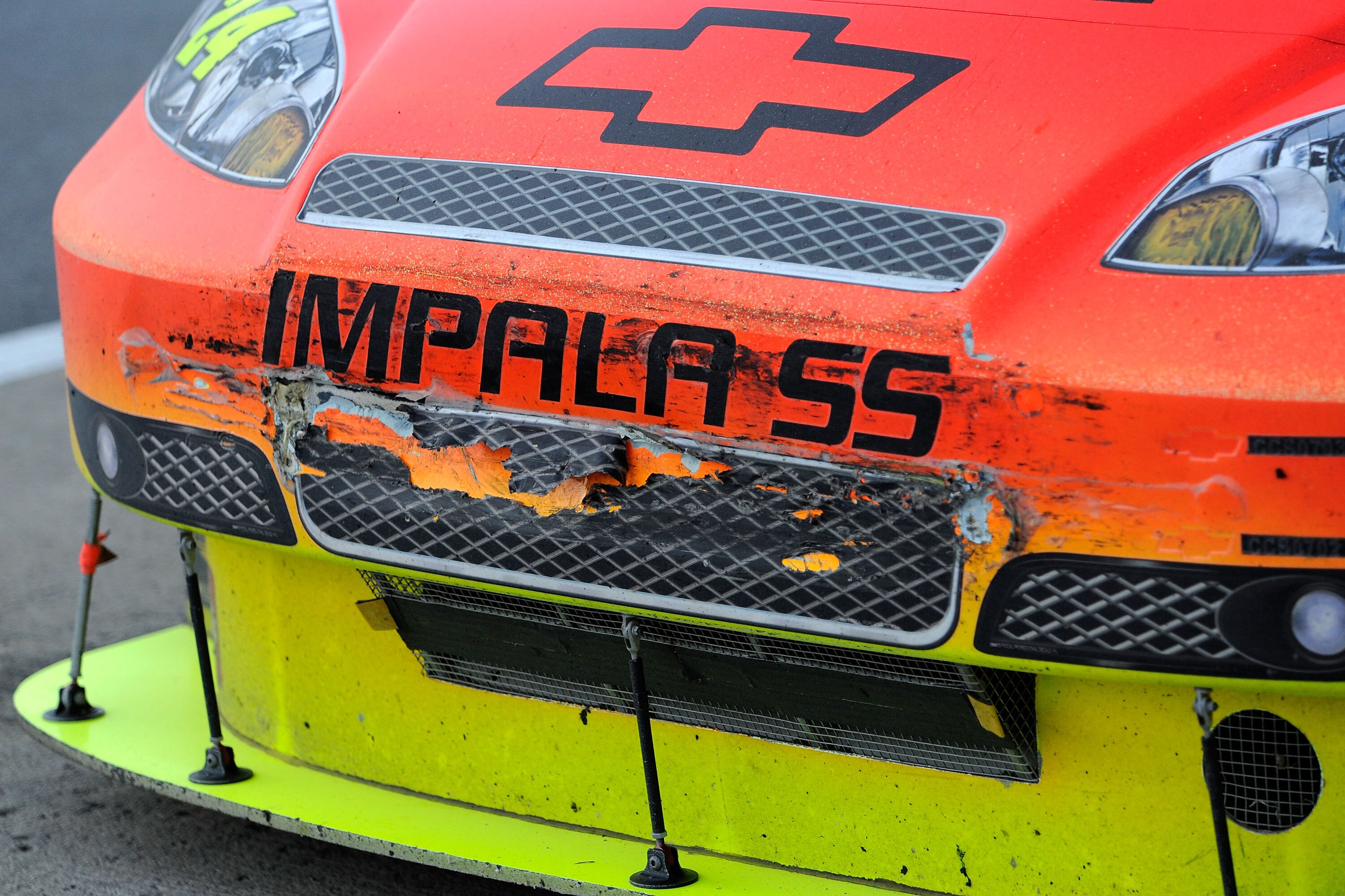 TALLADEGA, AL - NOVEMBER 01:  The #24 DuPont Chevrolet, driven by Jeff Gordon, shows bump drafting damage after the NASCAR Sprint Cup Series AMP Energy 500 at Talladega Superspeedway on November 1, 2009 in Talladega, Alabama.  (Photo by John Harrelson/Get