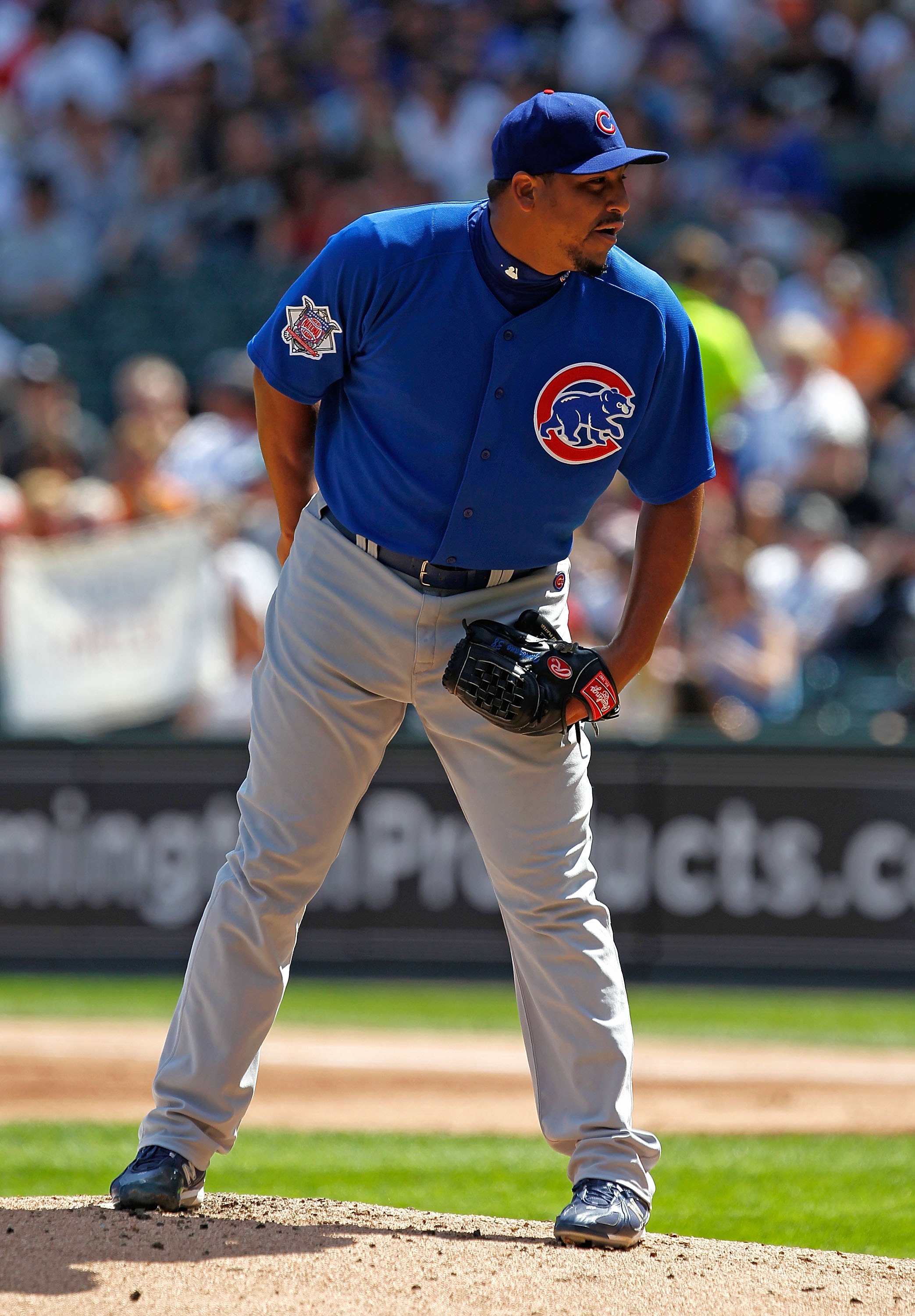 CHICAGO - JUNE 25: Starting pitcher Carlos Zambrano #38 of the Chicago Cubs looks for the catcher's signs in the 1st inning against the Chicago White Sox at U.S. Cellular Field on June 25, 2010 in Chicago, Illinois. Zambrano was suspended indefinitely by