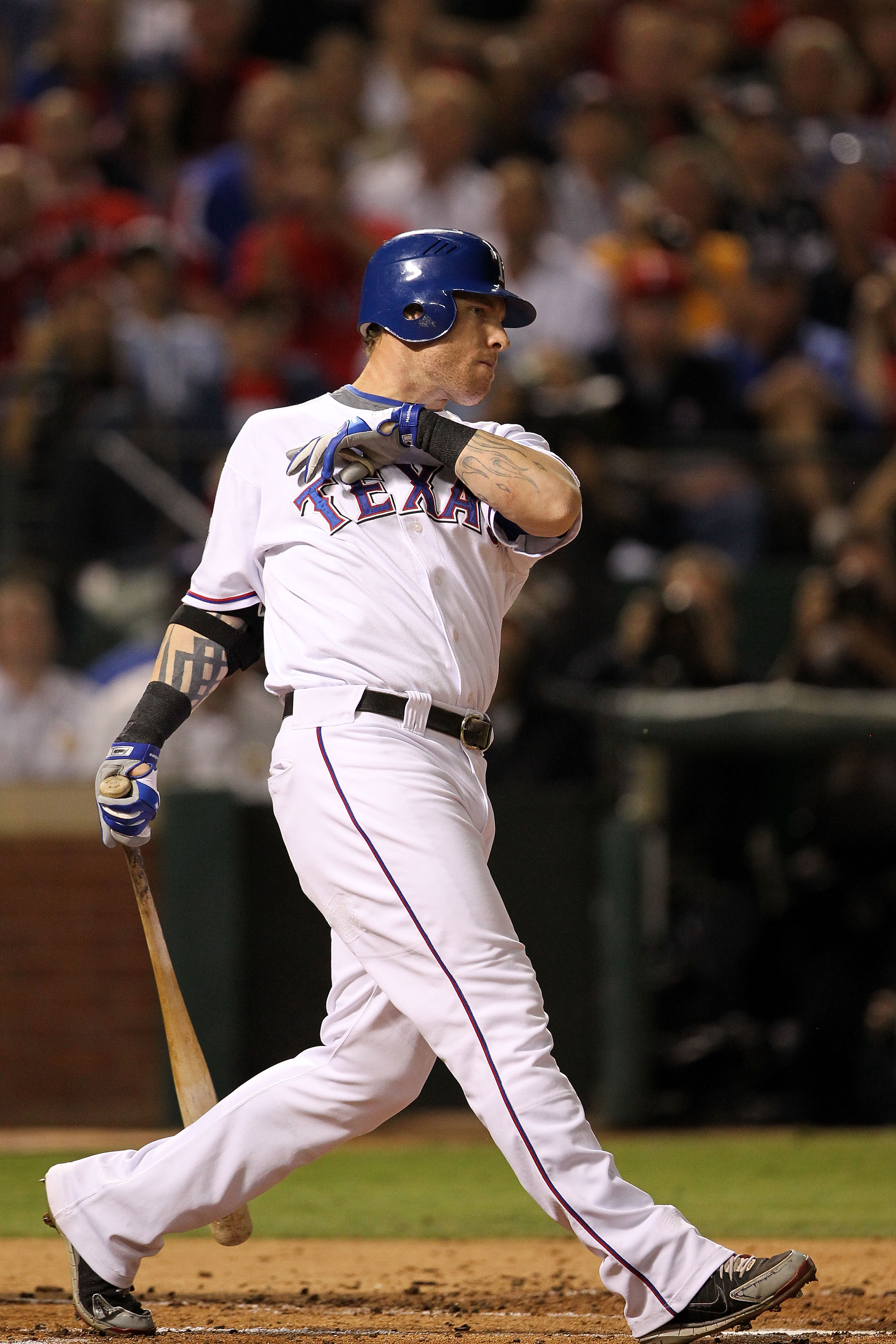 ARLINGTON, TX - NOVEMBER 01:  Josh Hamilton #32 of the Texas Rangers bats against the San Francisco Giants in Game Five of the 2010 MLB World Series at Rangers Ballpark in Arlington on November 1, 2010 in Arlington, Texas. The Giants won 3-1. (Photo by Ro