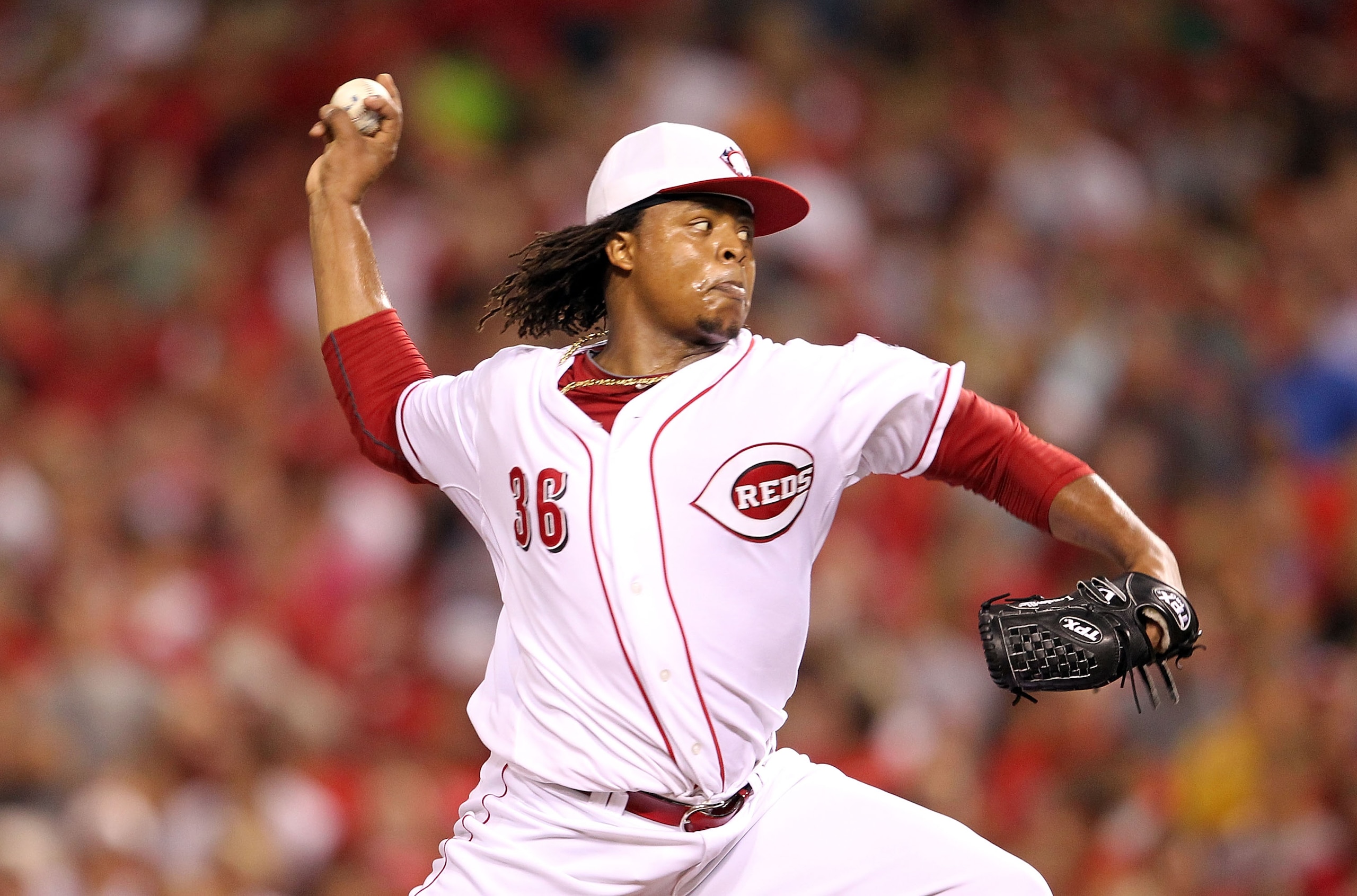 CINCINNATI - SEPTEMBER 11:  Edison Volquez #36 of the Cincinnati Reds throws a pitch during the game against the Pittsburg Pirates at Great American Ball Park on September 11, 2010 in Cincinnati, Ohio.  (Photo by Andy Lyons/Getty Images)