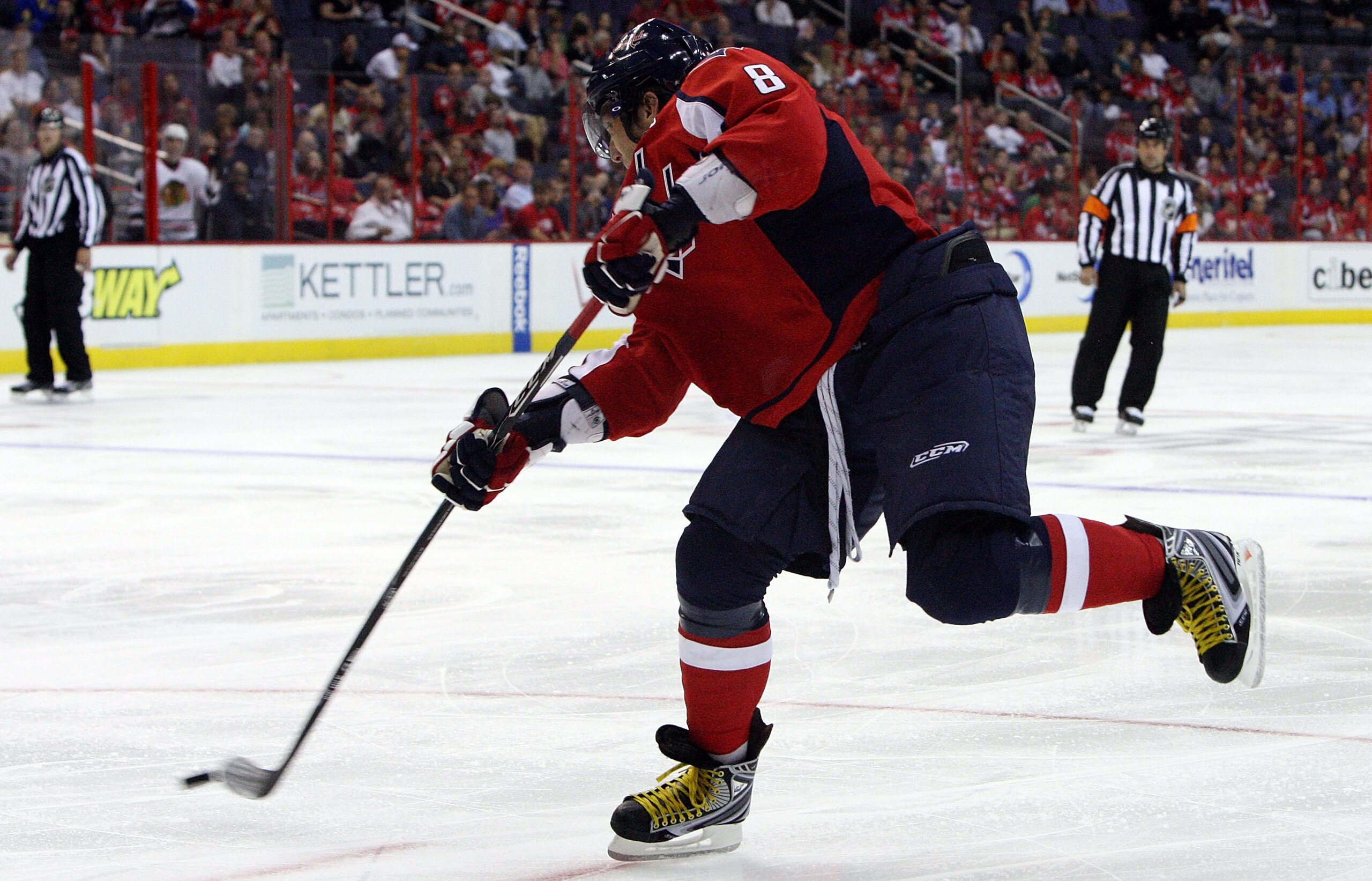 WASHINGTON DC, DC - SEPTEMBER 23:  Alex Ovechkin #8 of the Washington Capitals scores his second goal in the second period against the Chicago Blackhawks during their preseason game on September 23, 2009 at the Verizon Center in Washington, DC.  (Photo by